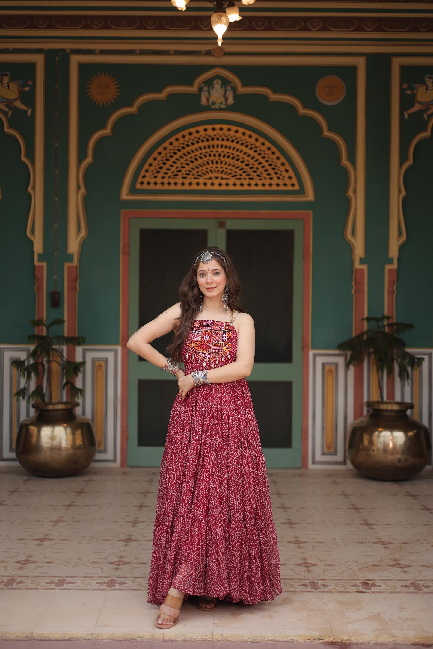 Trendy Bandhani Print Maroon Color Ruffle Gown