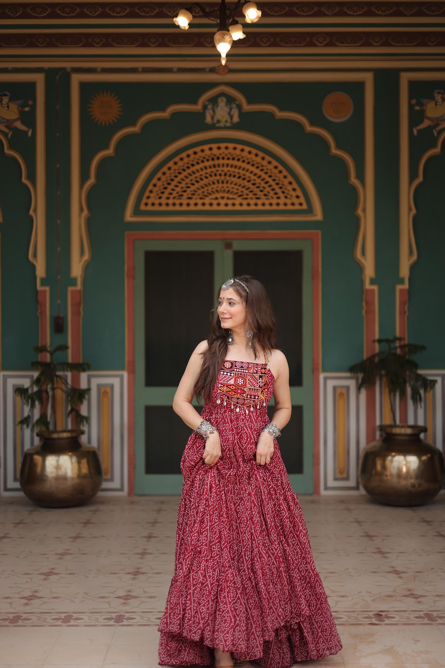 Trendy Bandhani Print Maroon Color Ruffle Gown