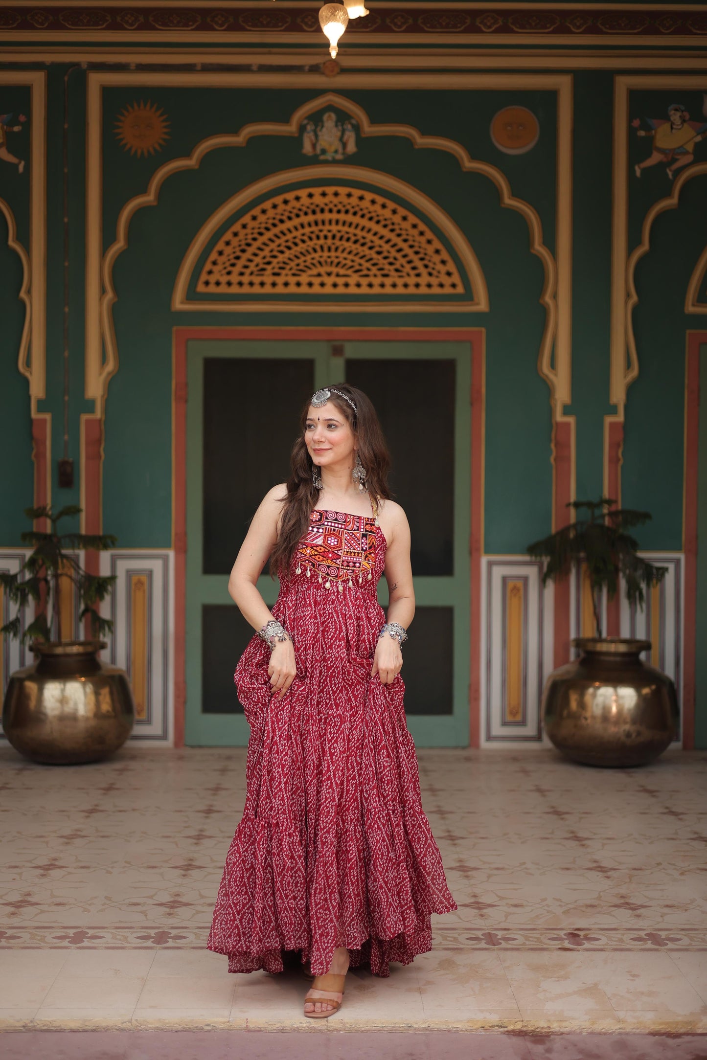 Trendy Bandhani Print Maroon Color Ruffle Gown