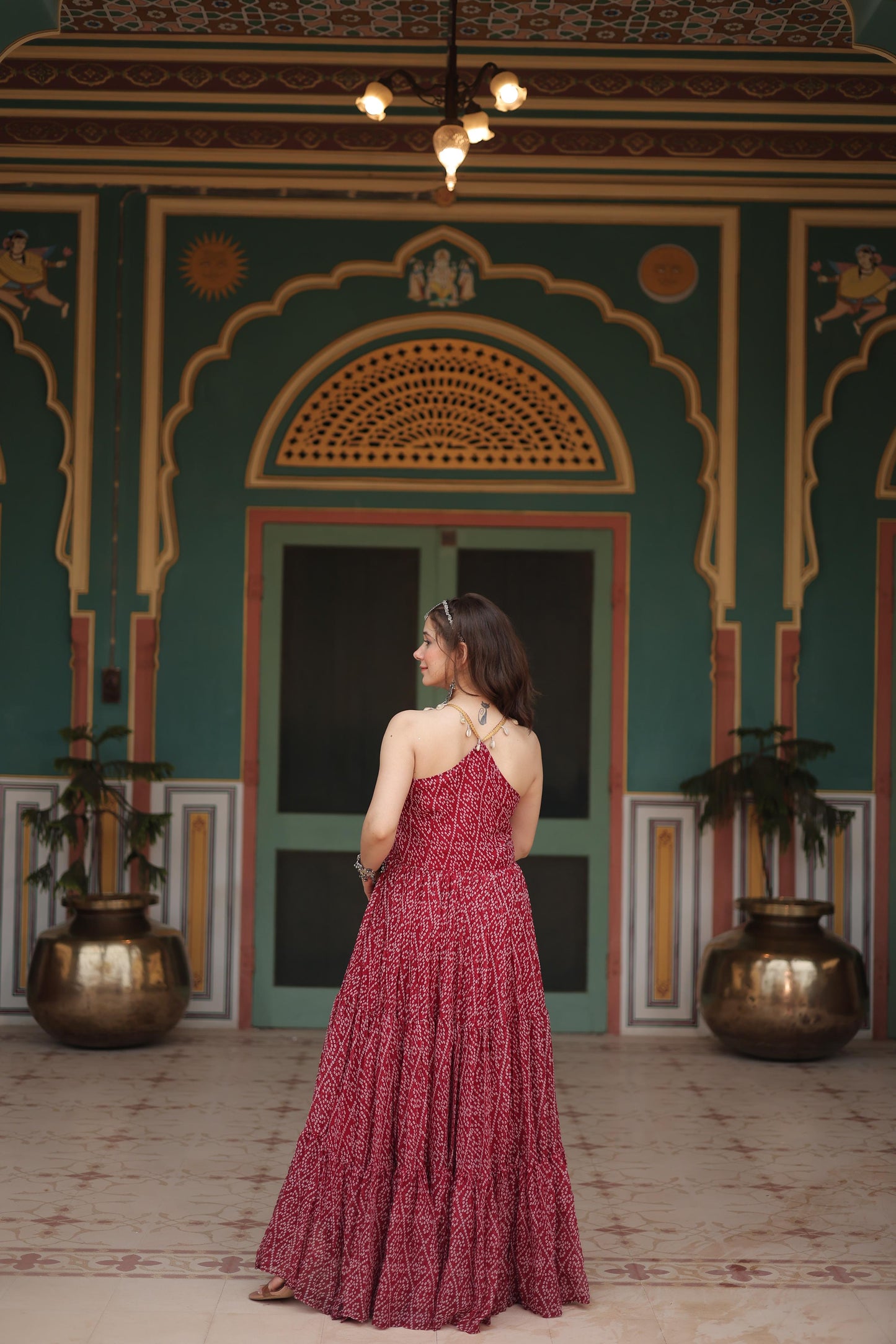 Trendy Bandhani Print Maroon Color Ruffle Gown