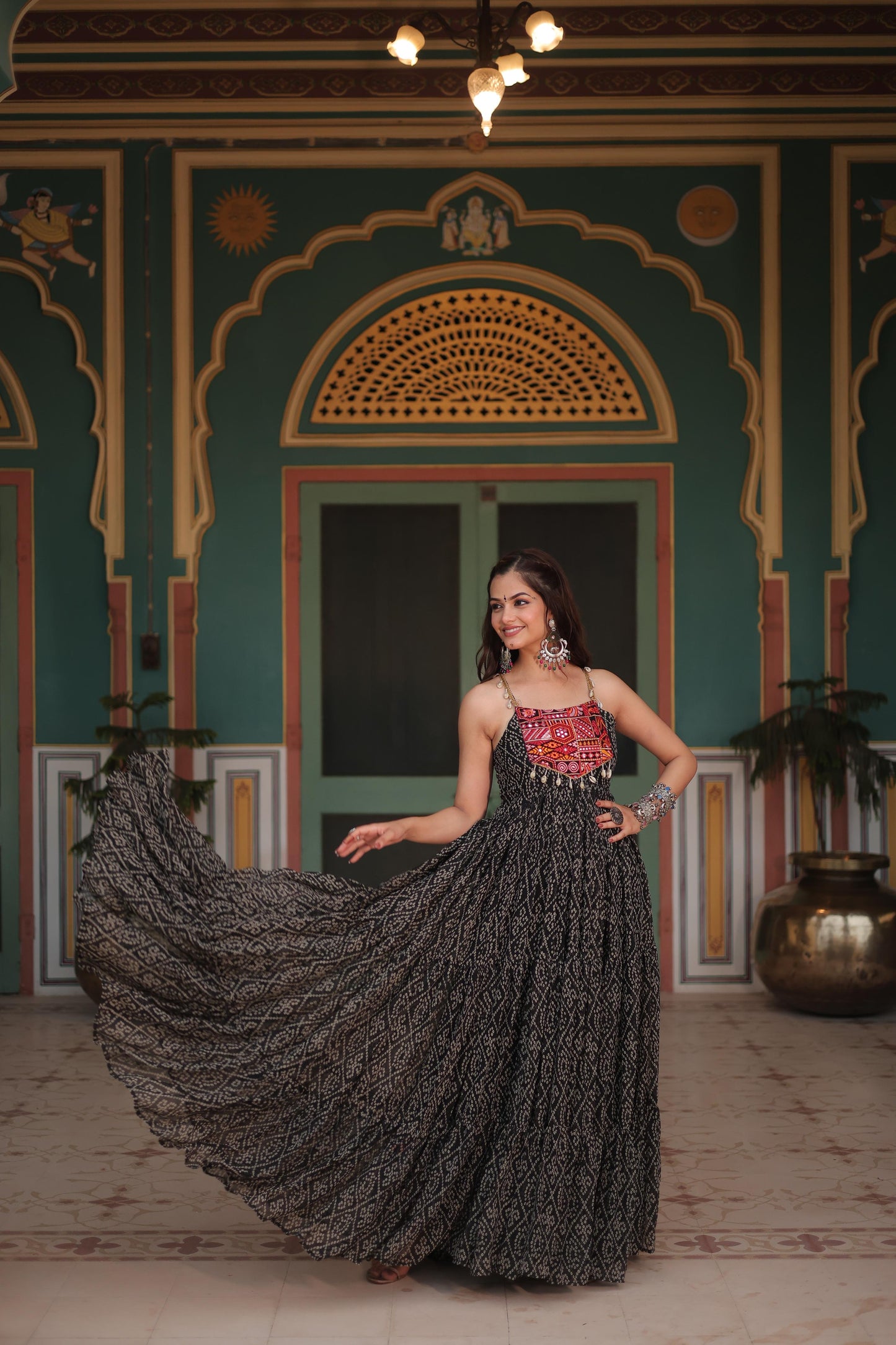 Trendy Bandhani Print Black Color Ruffle Gown