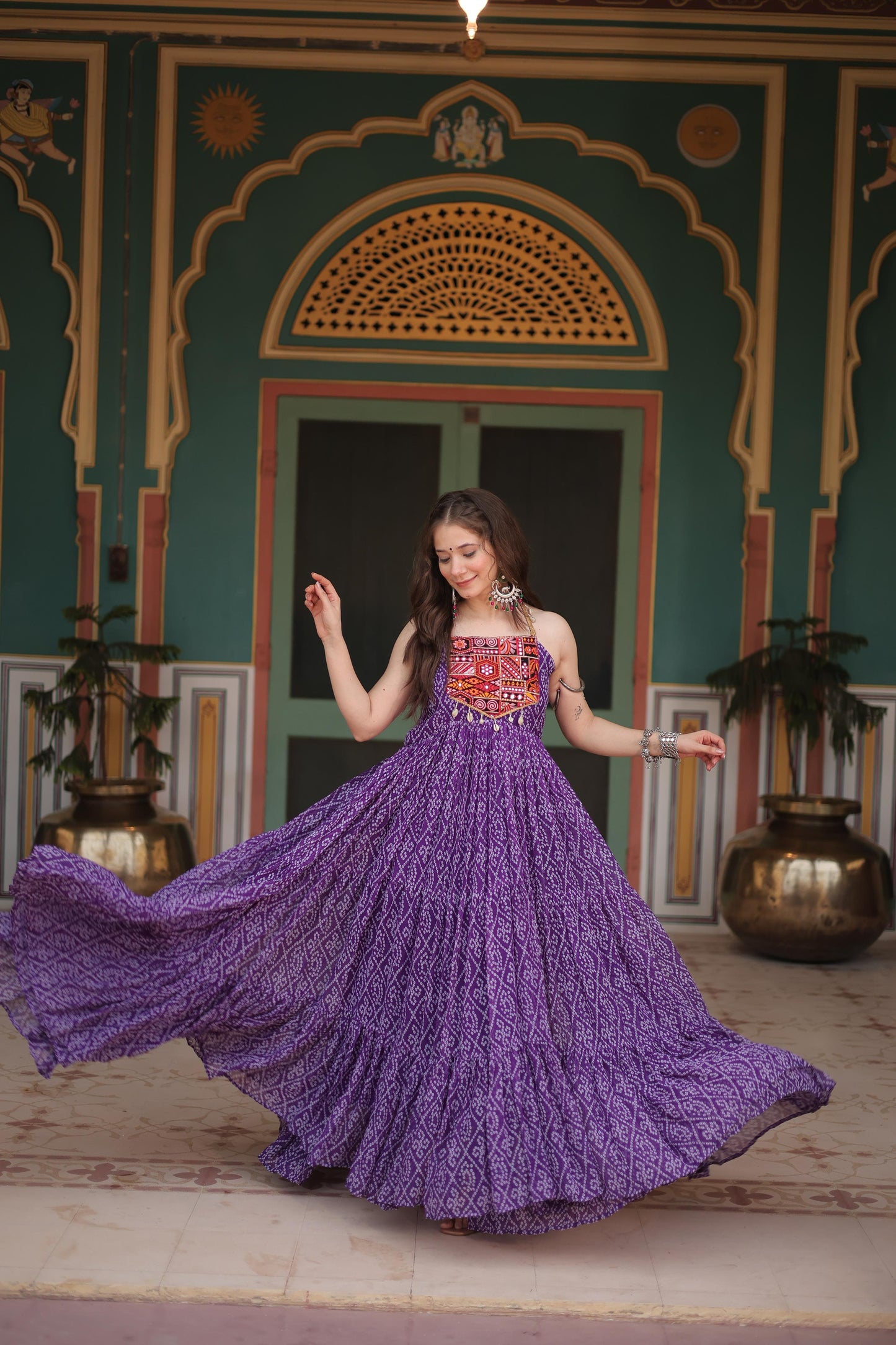 Trendy Bandhani Print Purple Color Ruffle Gown