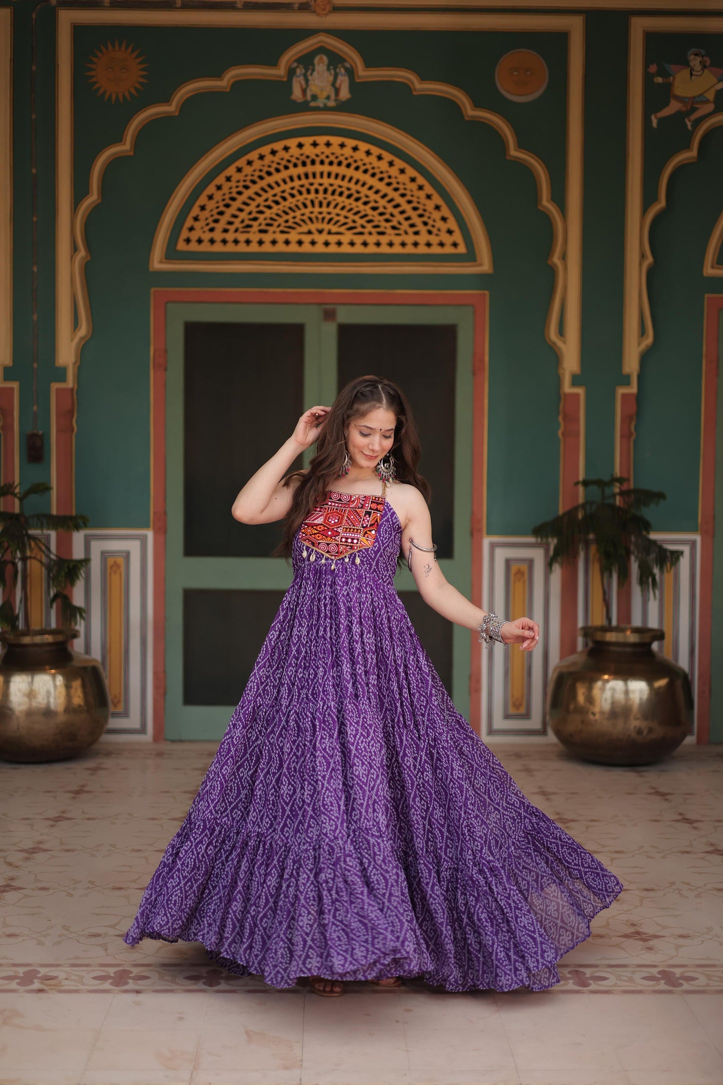 Trendy Bandhani Print Purple Color Ruffle Gown