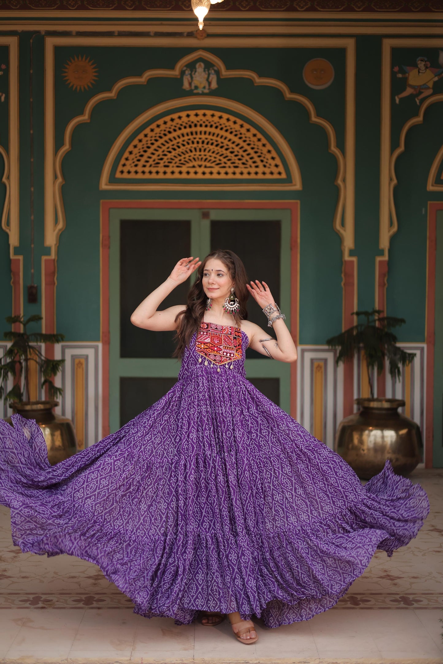 Trendy Bandhani Print Purple Color Ruffle Gown