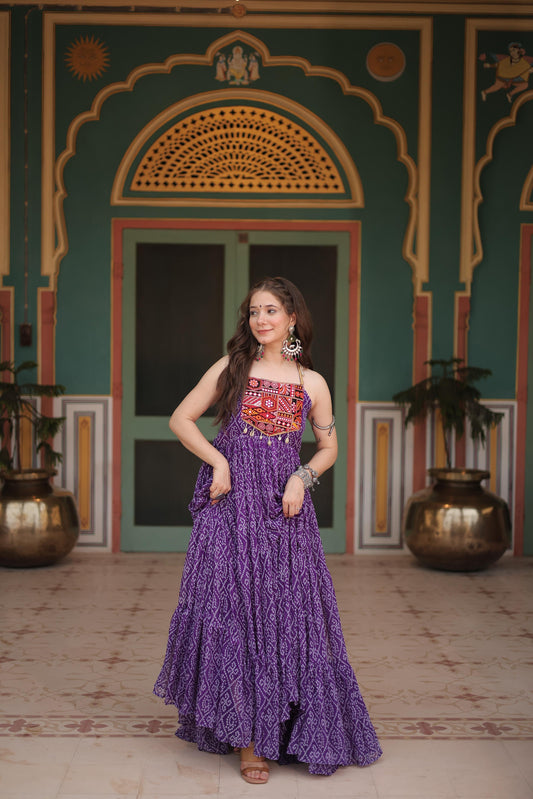 Trendy Bandhani Print Purple Color Ruffle Gown