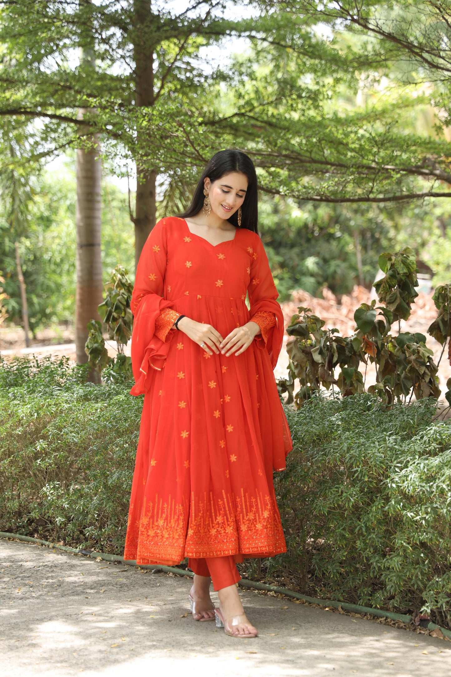 Stylish Red Color Zari With Multi Embroidery Work  Anarkalii Suit