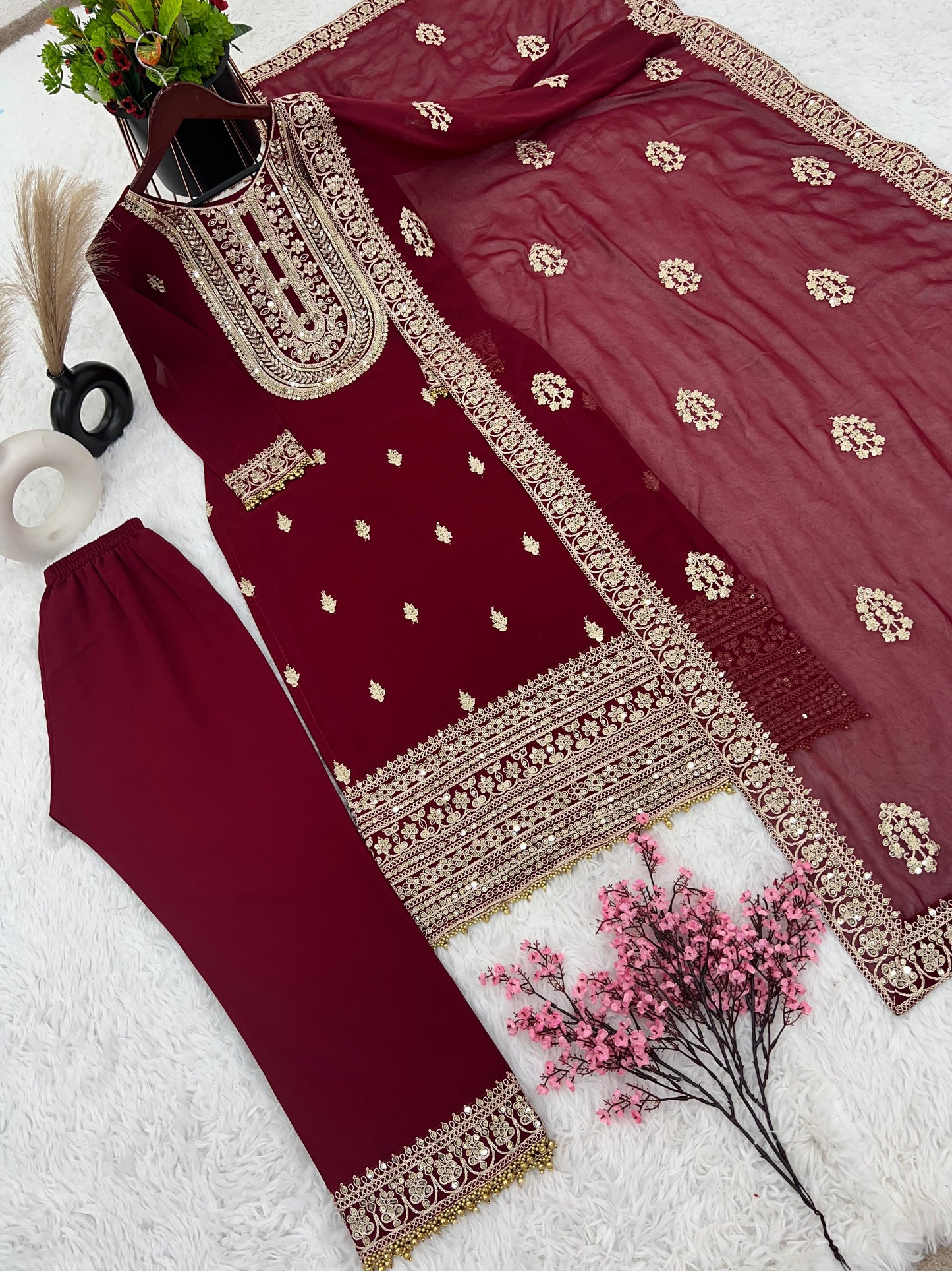 Captivating Embroidery Work Maroon Color Anarkali Suit