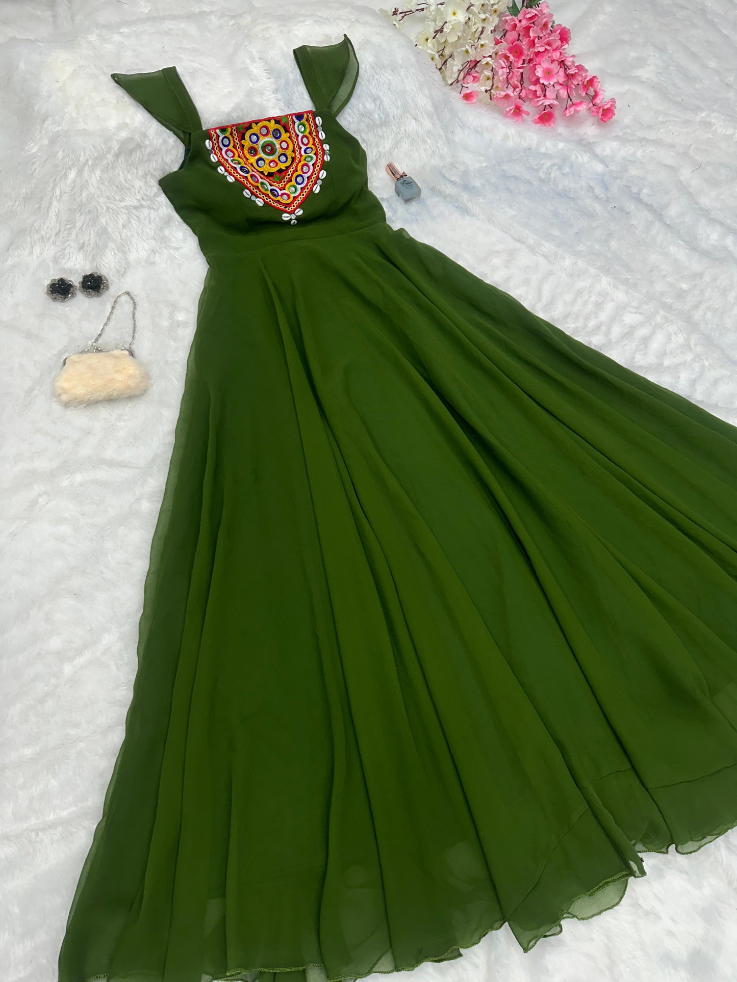 Amazing Mirror With Kodi Work Green Color Gown