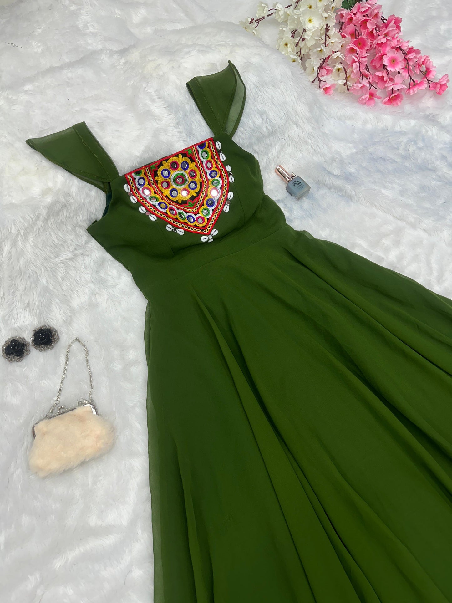 Amazing Mirror With Kodi Work Green Color Gown