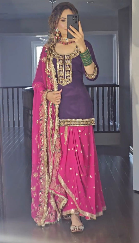 punjabi Style Purple WIth Pink Sequence Work Lehenga With Top