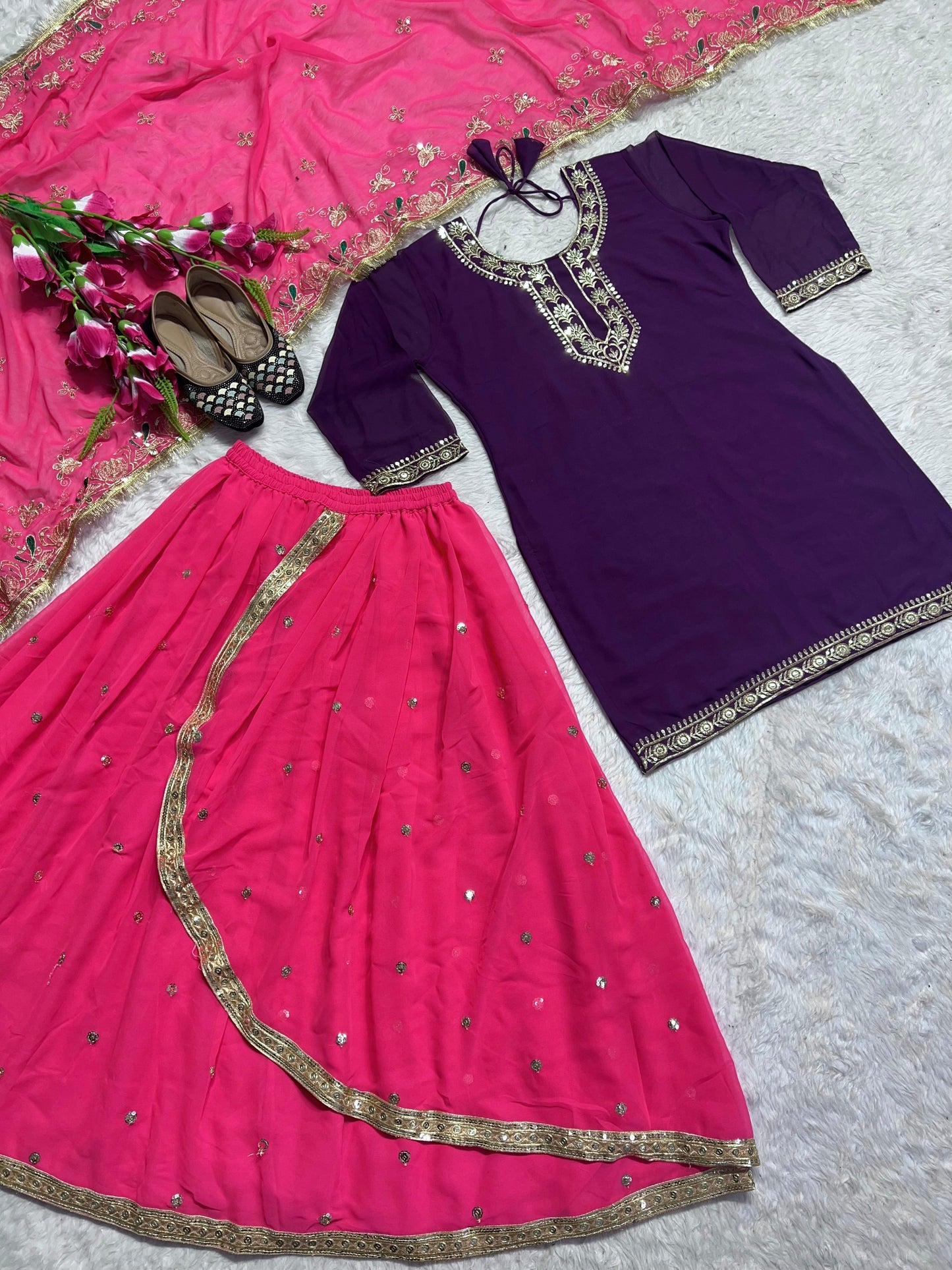 punjabi Style Purple WIth Pink Sequence Work Lehenga With Top