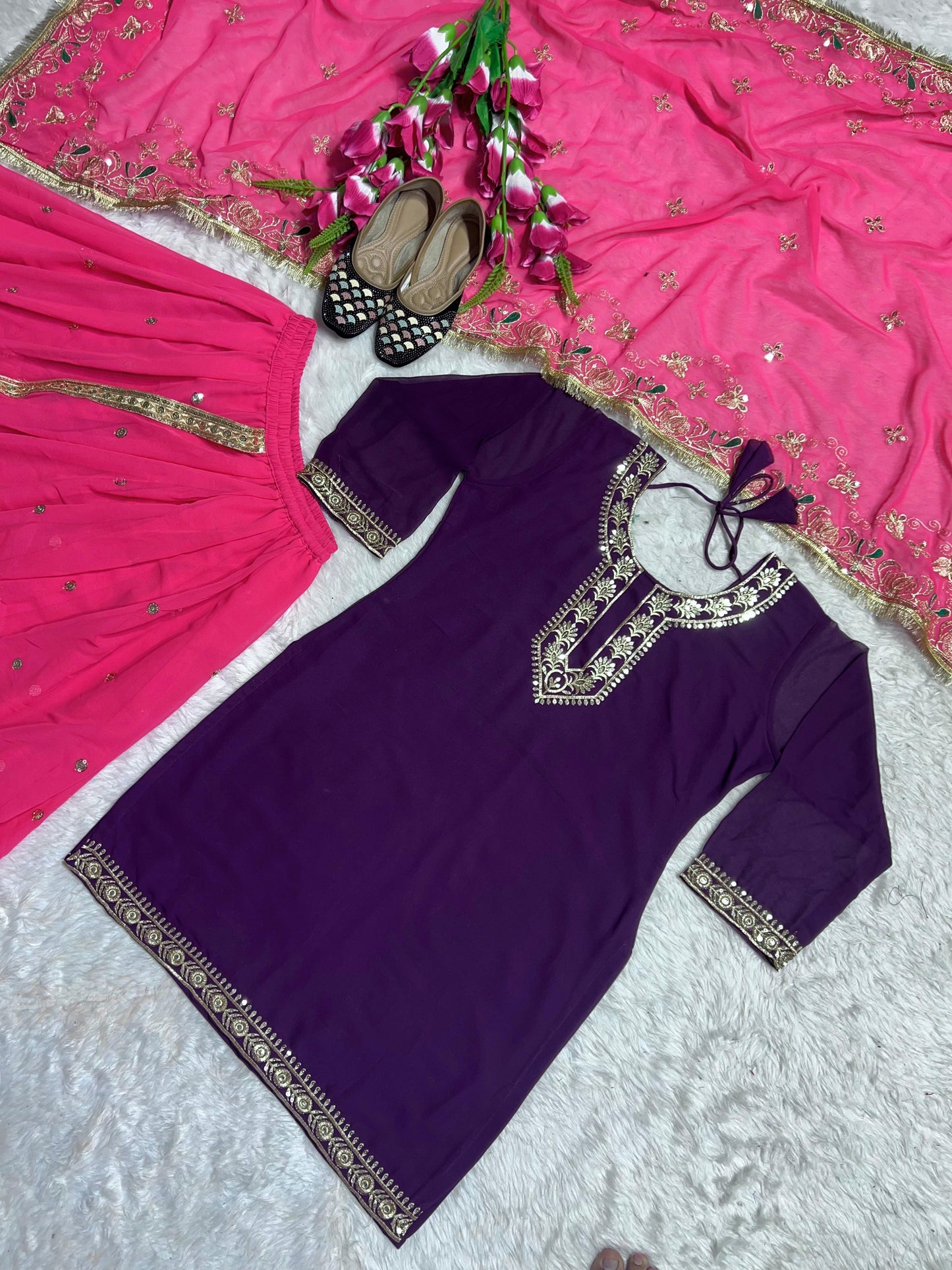 punjabi Style Purple WIth Pink Sequence Work Lehenga With Top