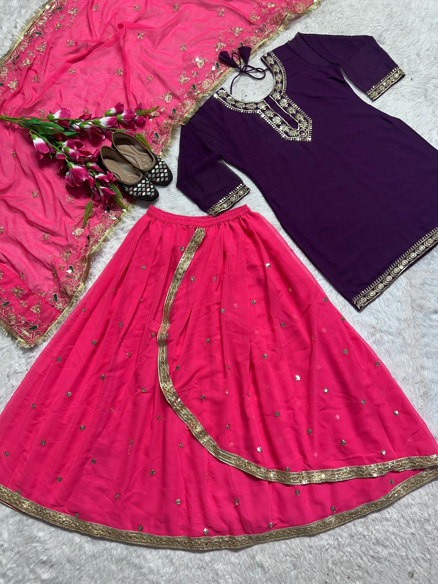 punjabi Style Purple WIth Pink Sequence Work Lehenga With Top