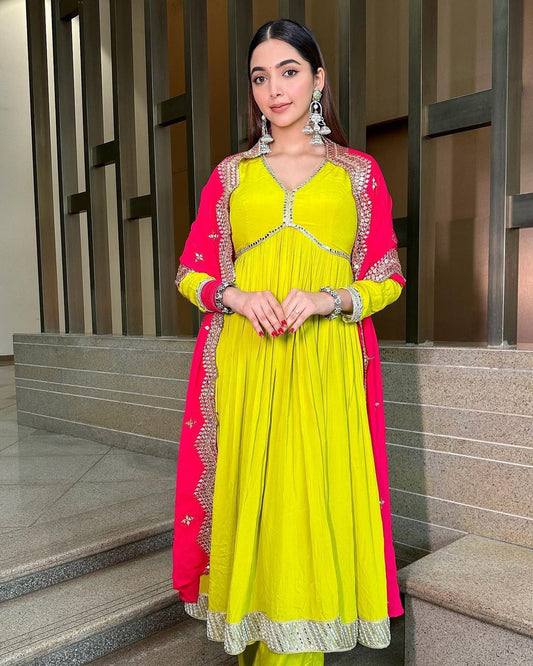 Presenting Yellow Color Sequence Work Georgette Anarkali Gown