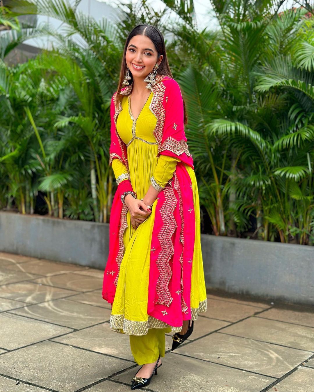 Presenting Yellow Color Sequence Work Georgette Anarkali Gown