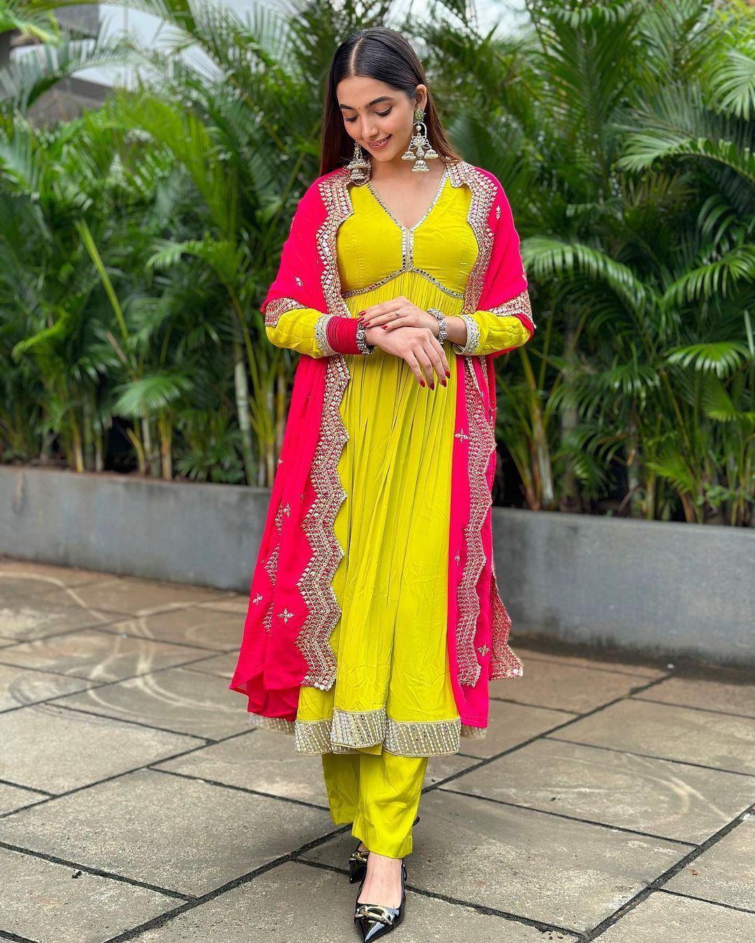 Presenting Yellow Color Sequence Work Georgette Anarkali Gown