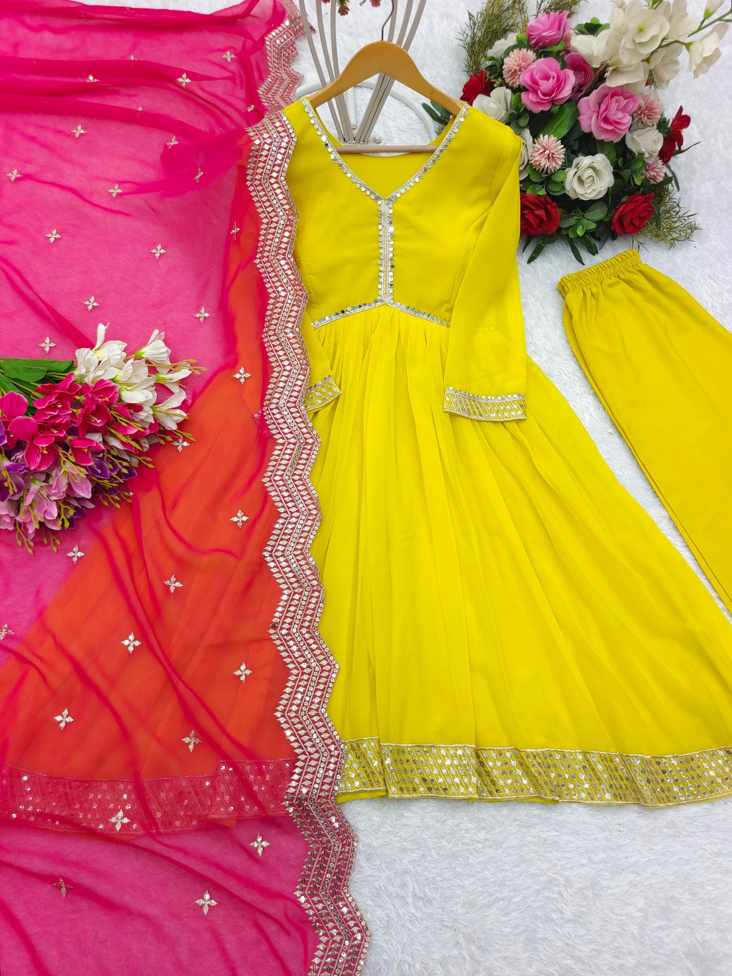 Presenting Yellow Color Sequence Work Georgette Anarkali Gown