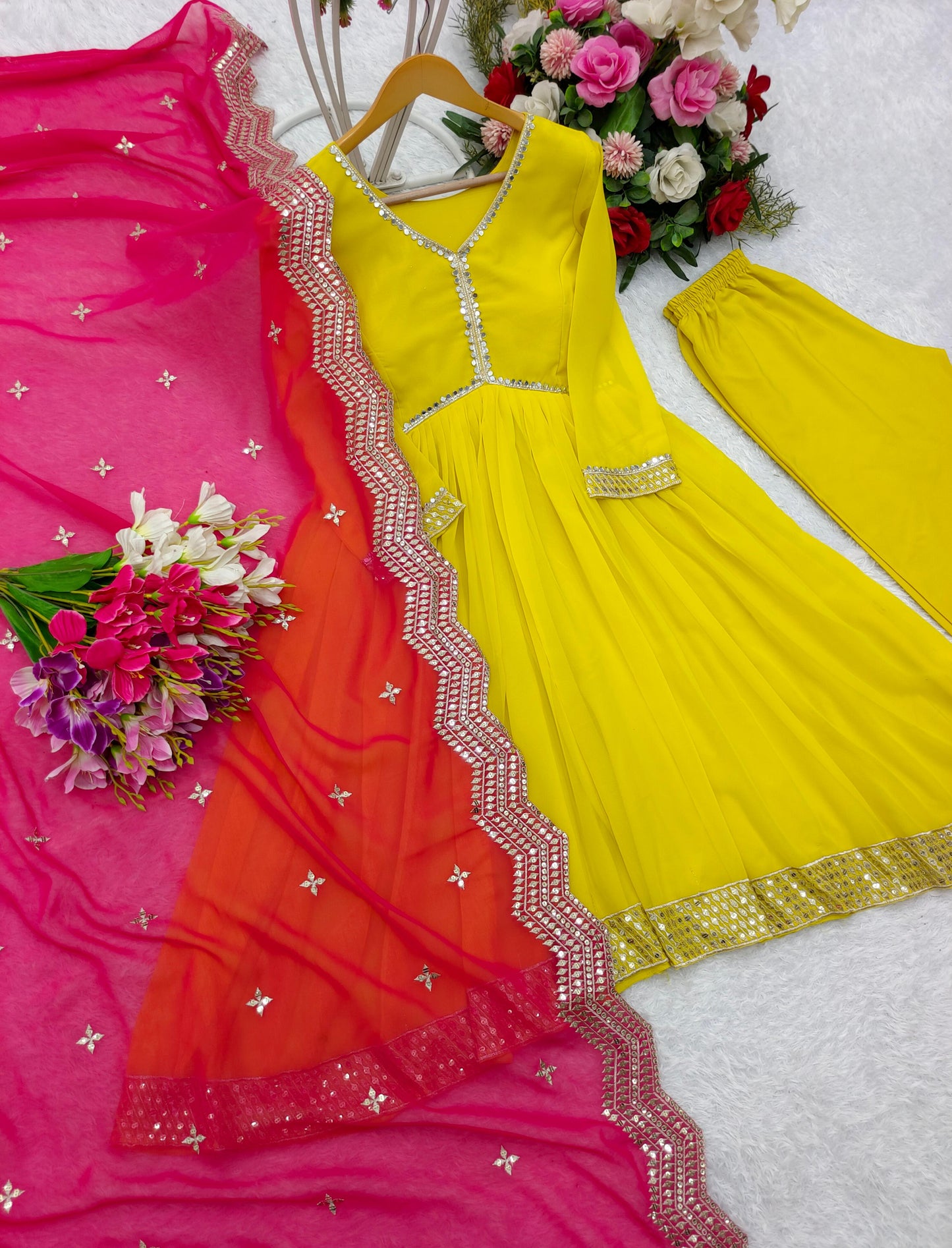 Presenting Yellow Color Sequence Work Georgette Anarkali Gown