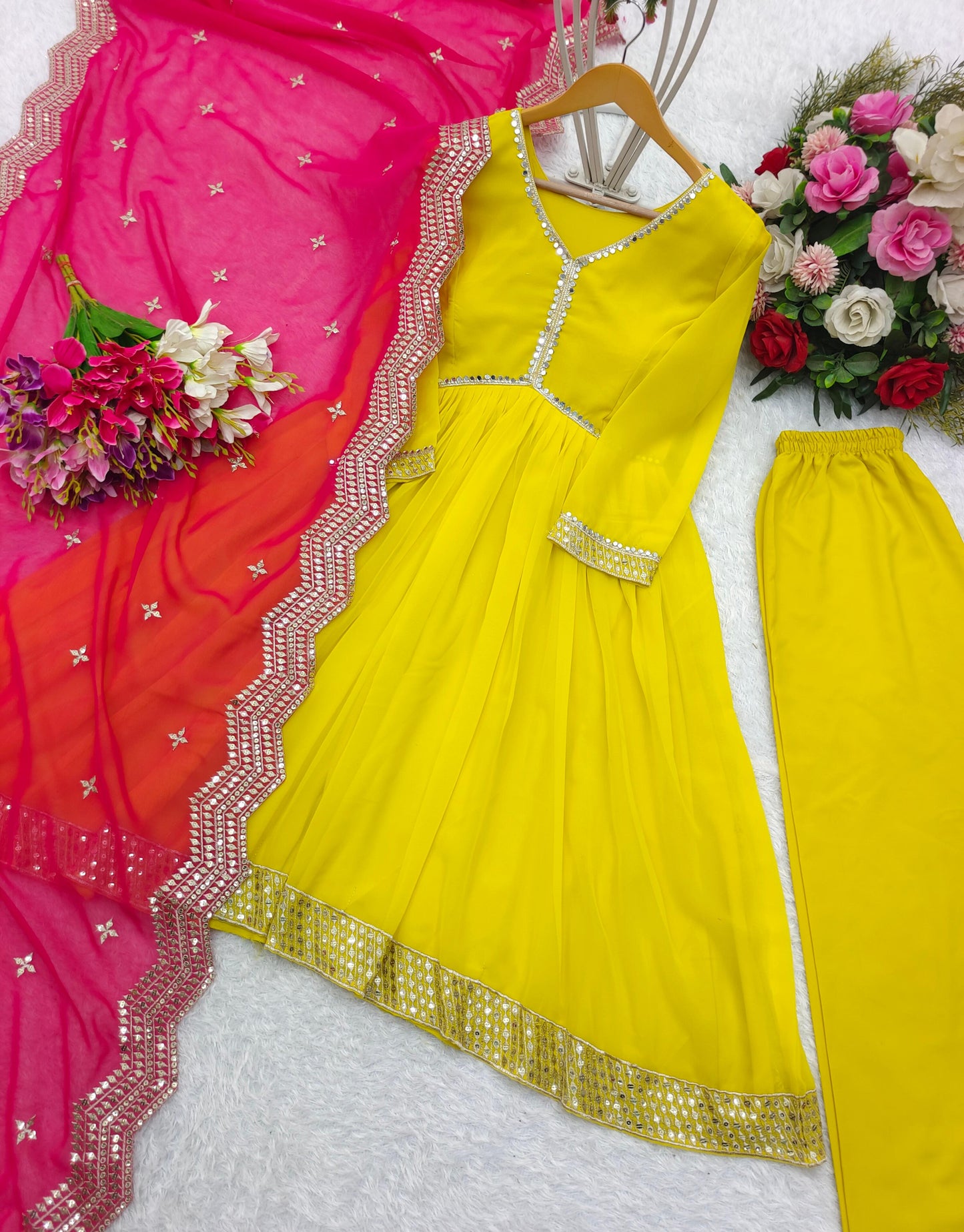 Presenting Yellow Color Sequence Work Georgette Anarkali Gown