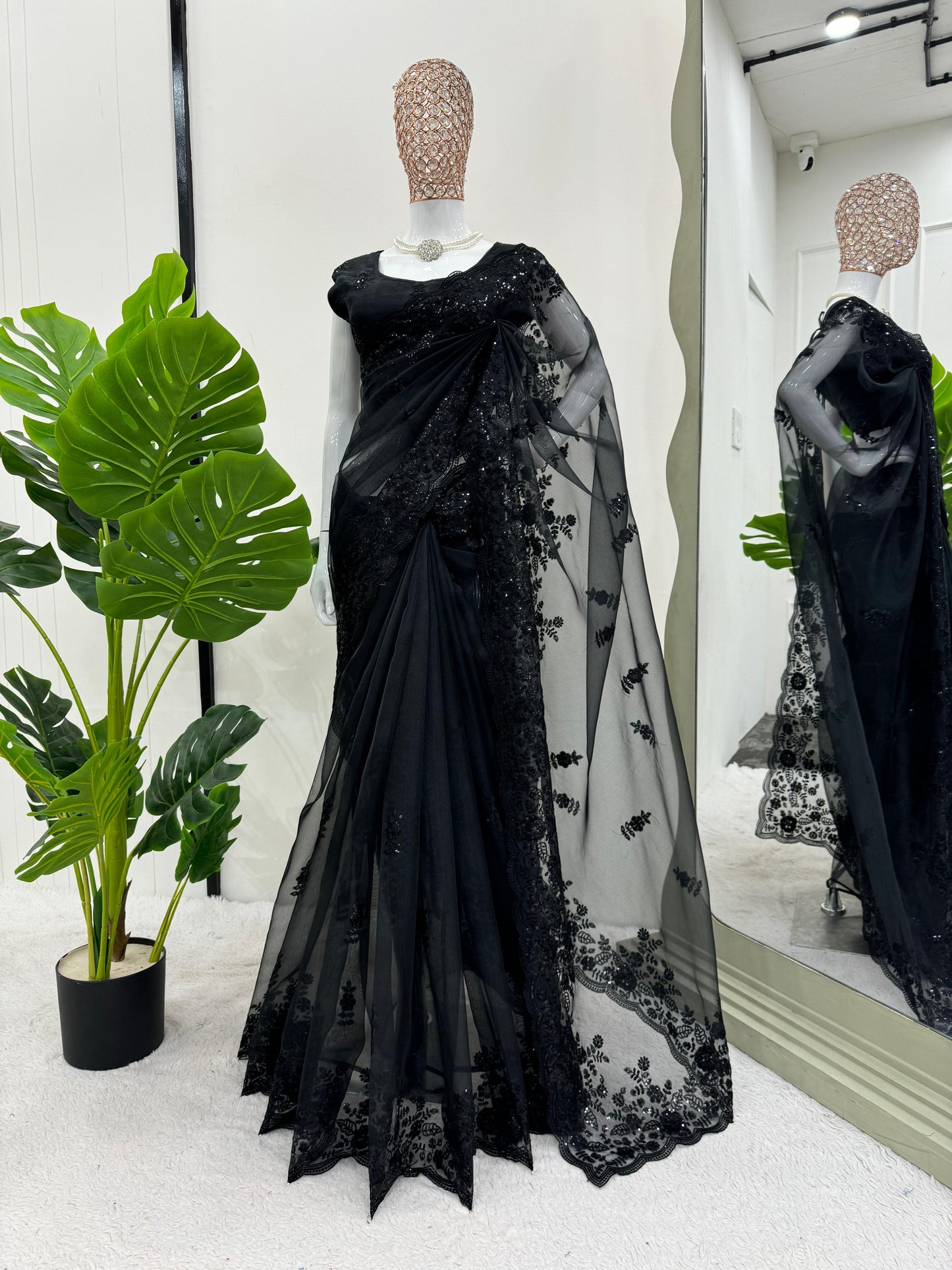 Organza Black Color Sequence Work Party Wear Saree