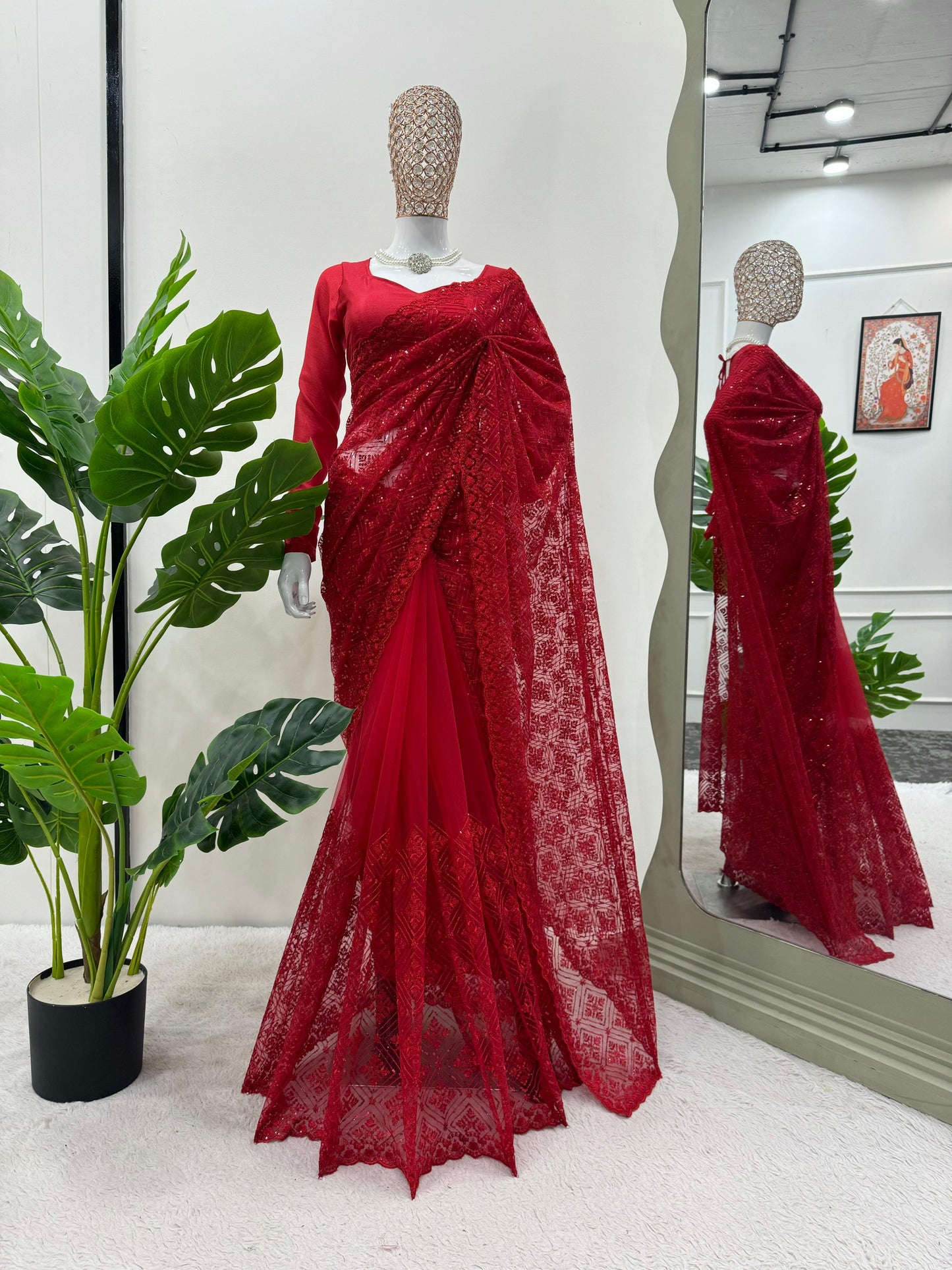 Fabulous Red Color Sequence Full Work Net Saree