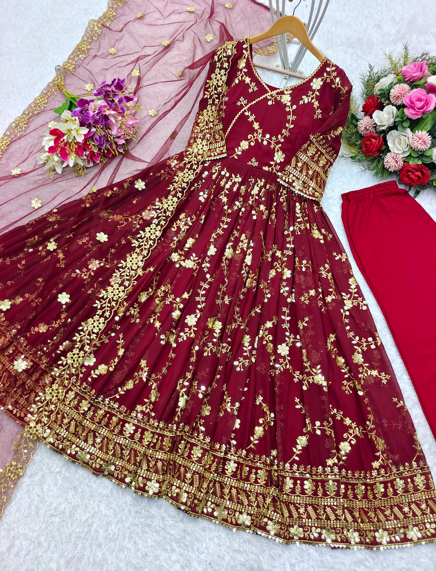 Red Color Full Sequence Work Anarkali Suit