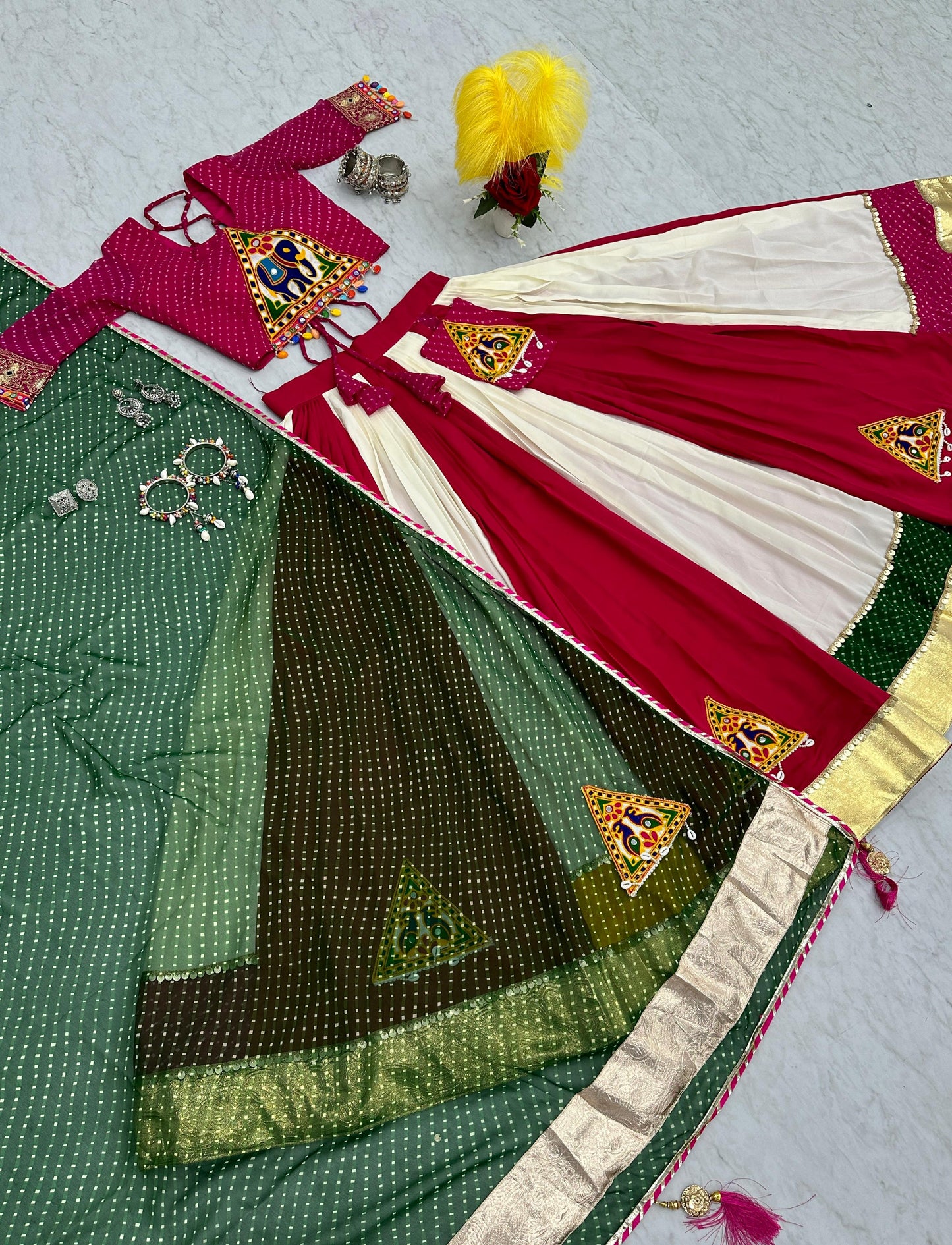 Navratri Special White With Red Gamthi Work Lehenga Choli