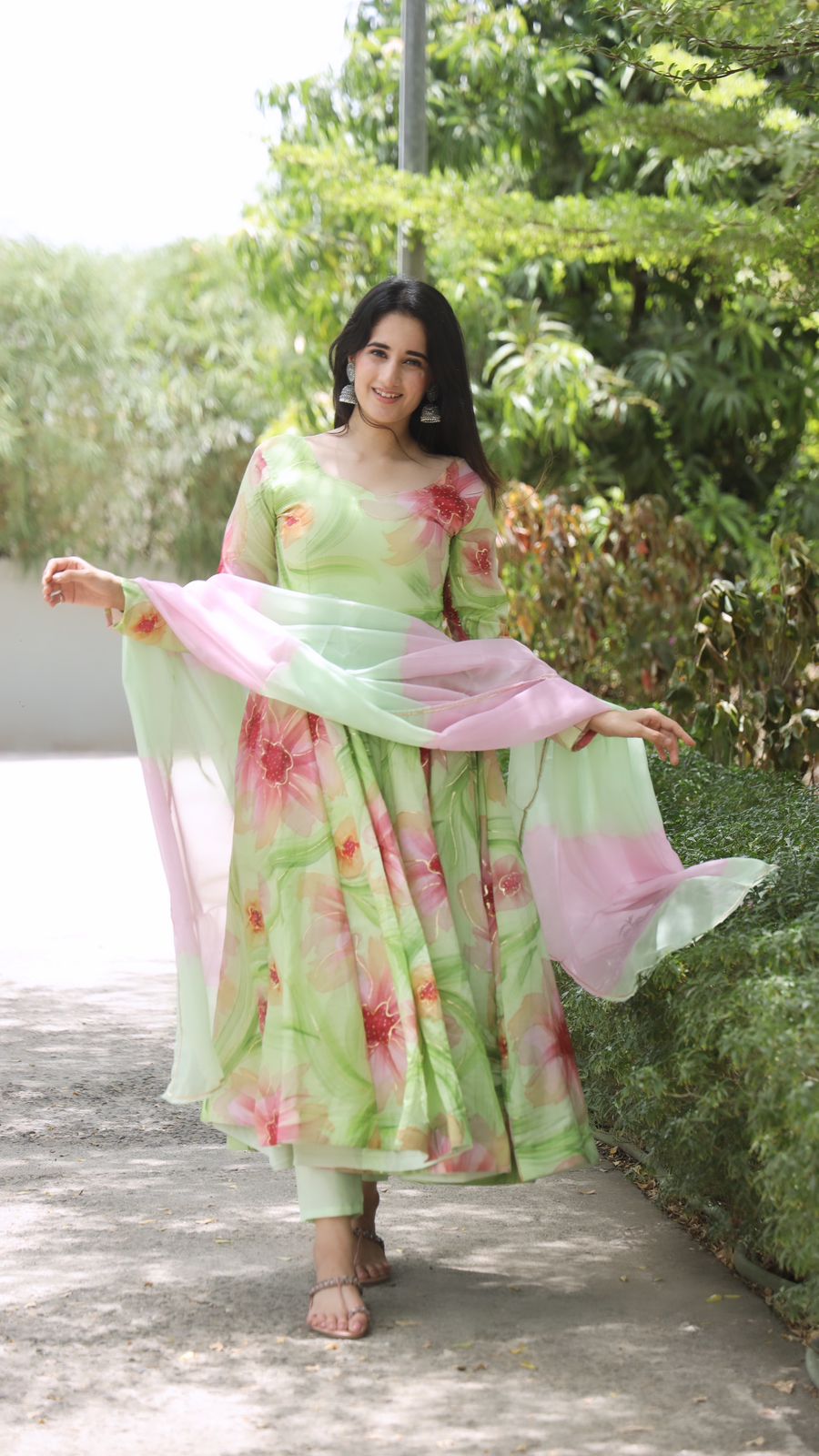 Green Color Amazing Flower Printed Anarkali Suit