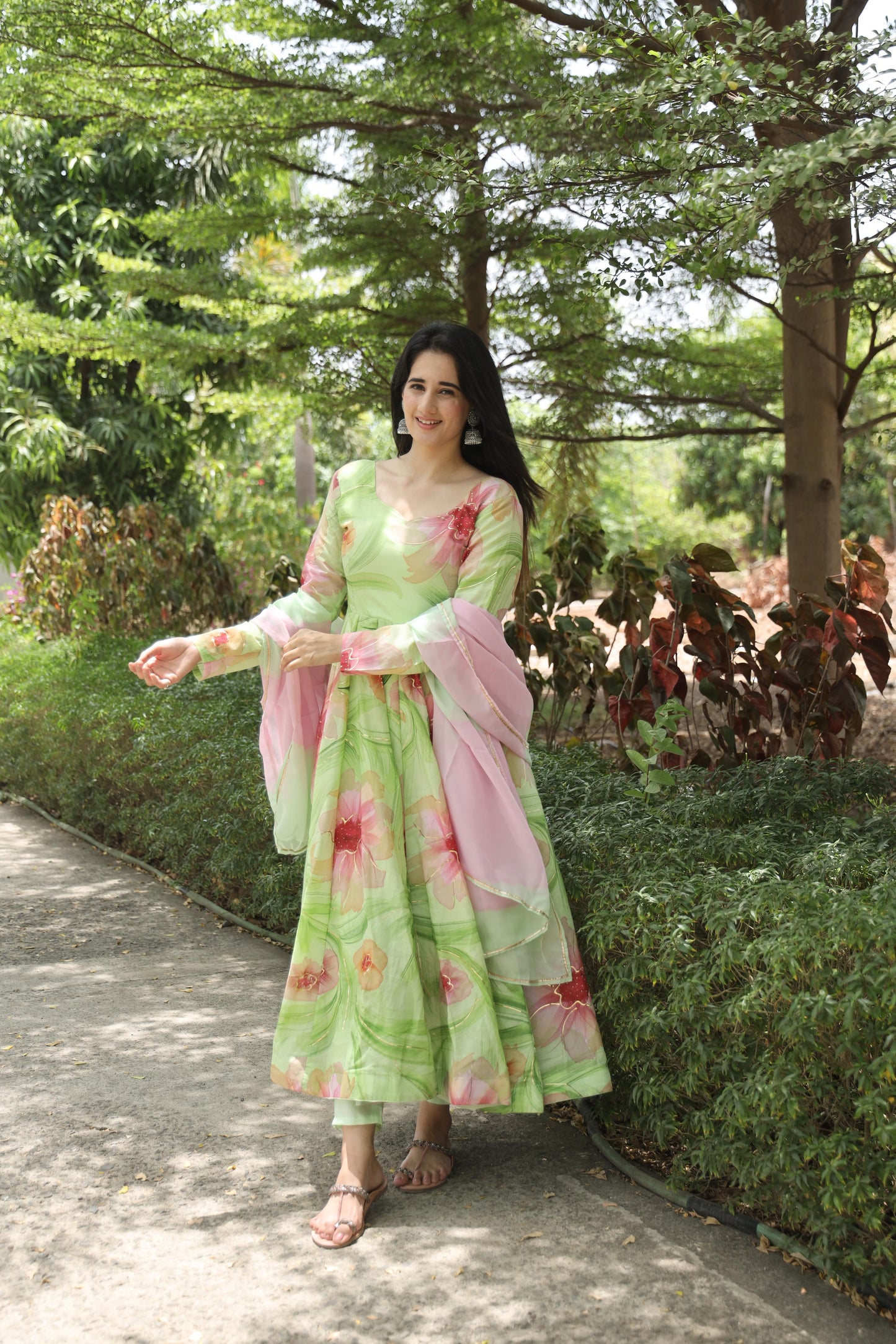 Green Color Amazing Flower Printed Anarkali Suit