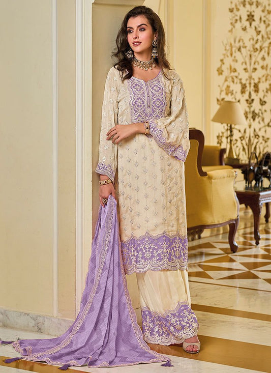 Trendy White And Purple Color Work Palazzo Suit