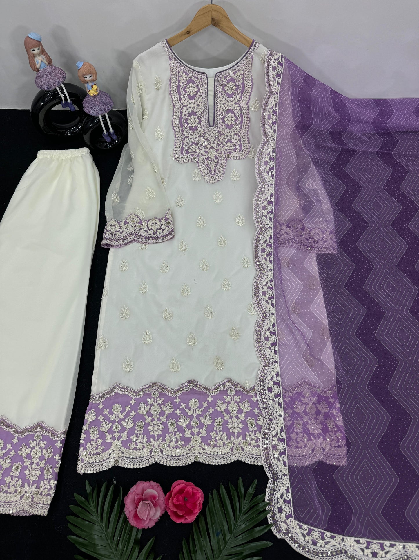 Trendy White And Purple Color Work Palazzo Suit