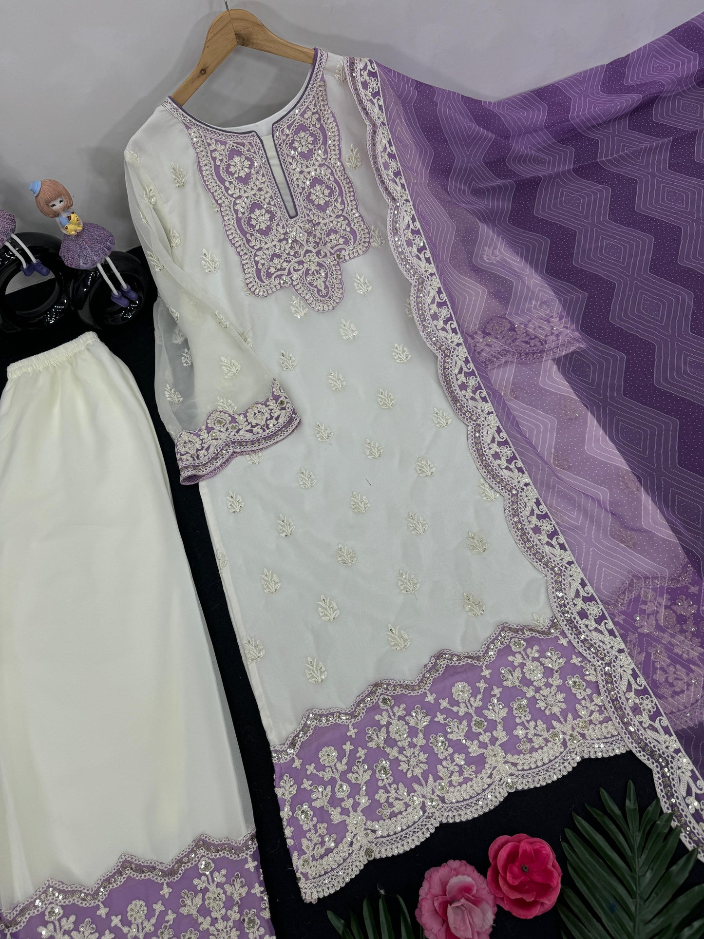 Trendy White And Purple Color Work Palazzo Suit