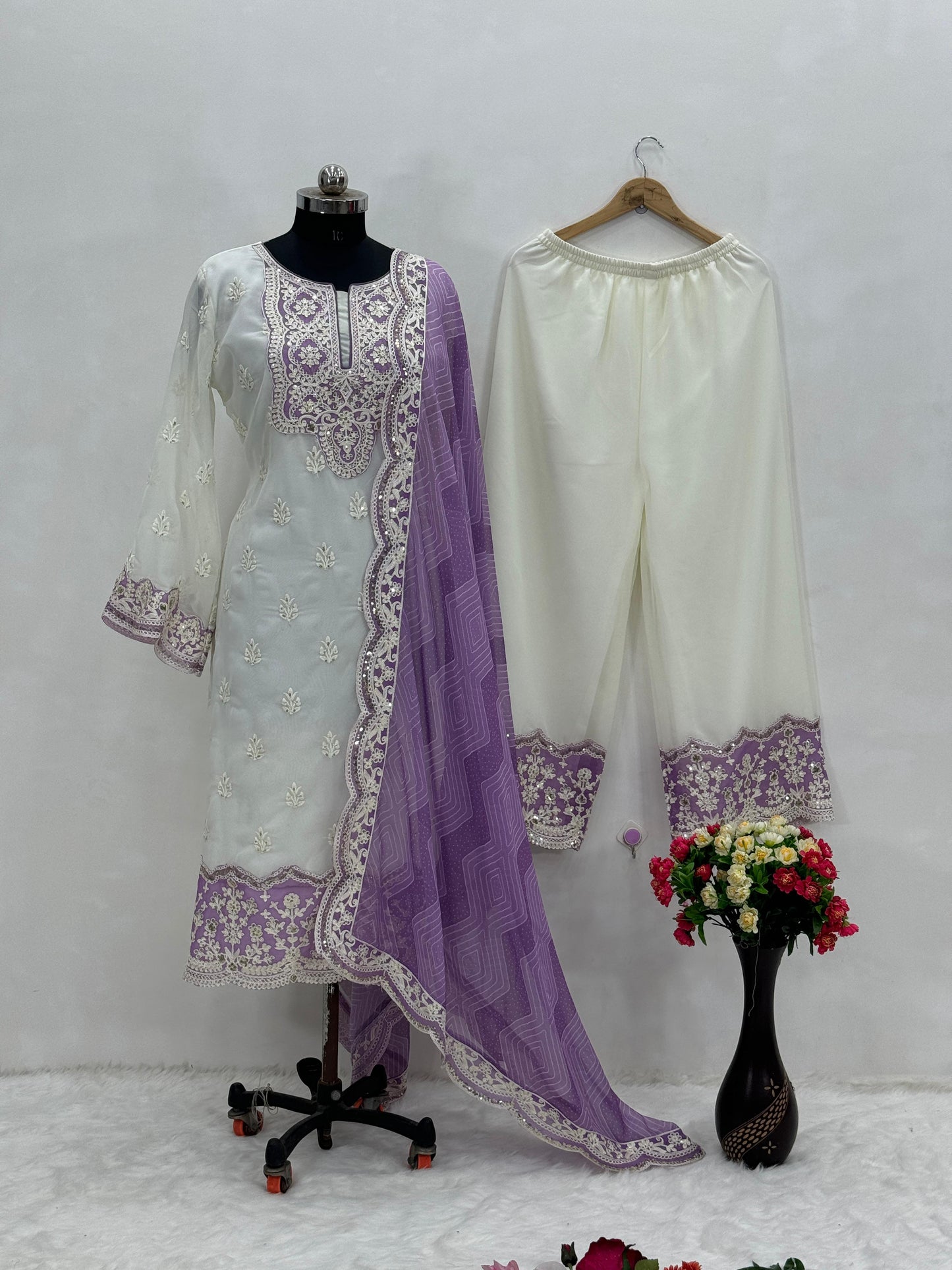 Trendy White And Purple Color Work Palazzo Suit