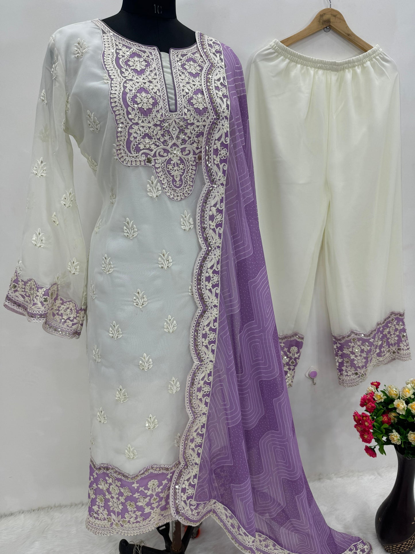 Trendy White And Purple Color Work Palazzo Suit