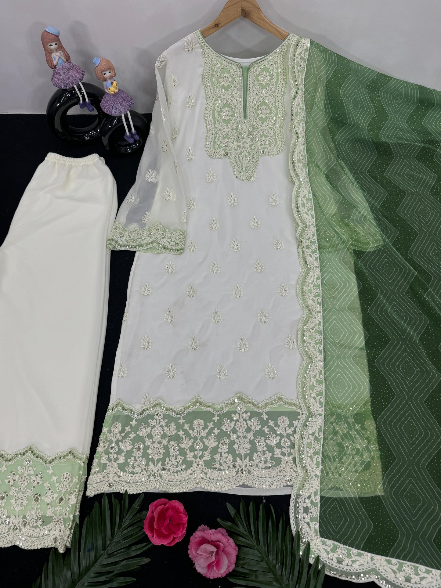 Trendy White And Green Color Work Palazzo Suit