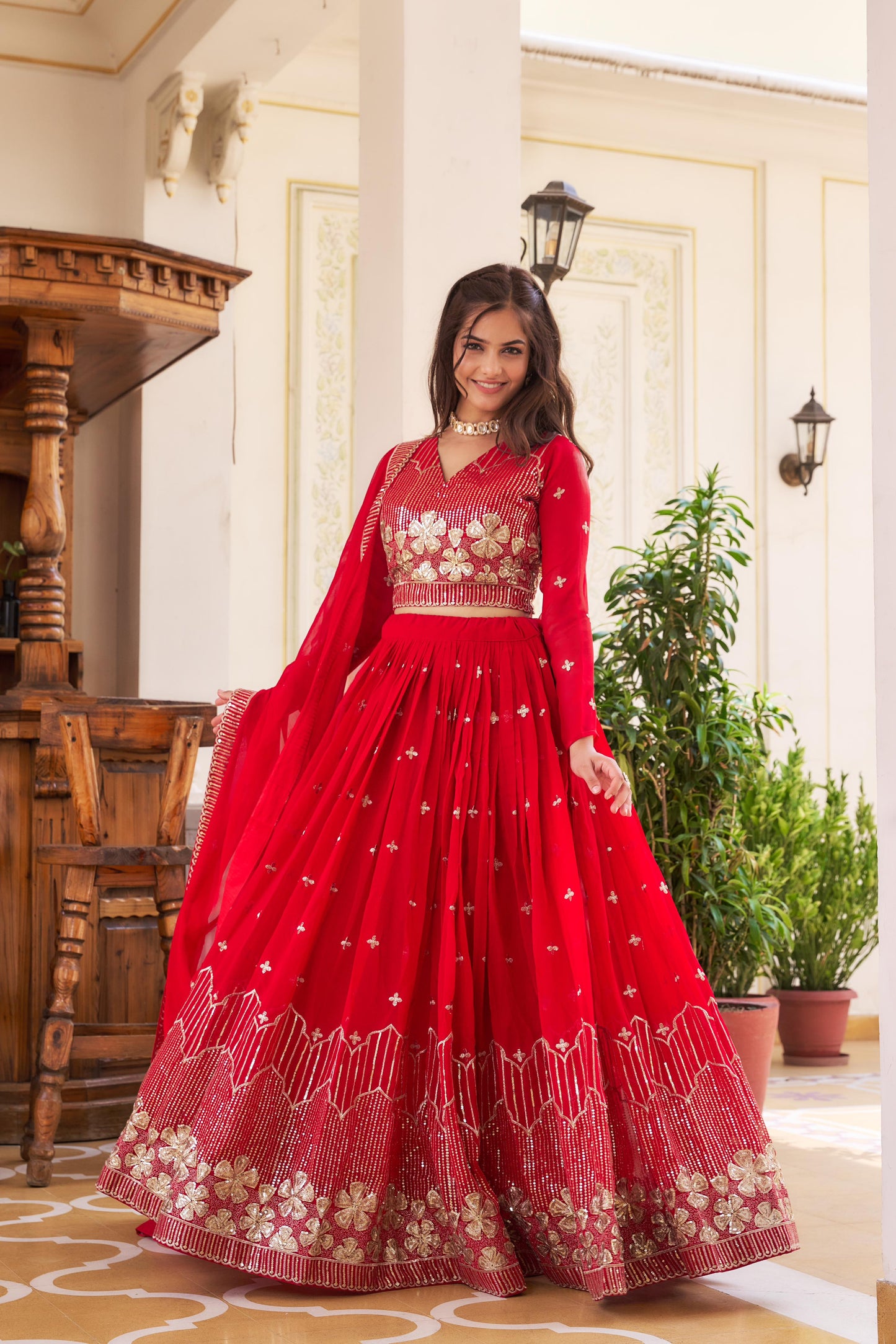 Function Wear Red Color Georgette Lehenga Choli