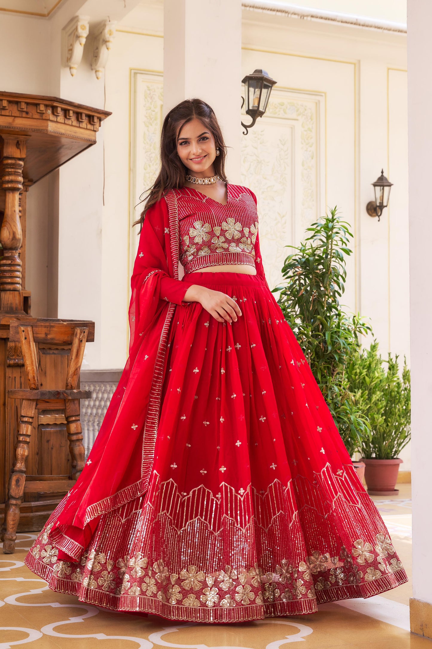 Function Wear Red Color Georgette Lehenga Choli