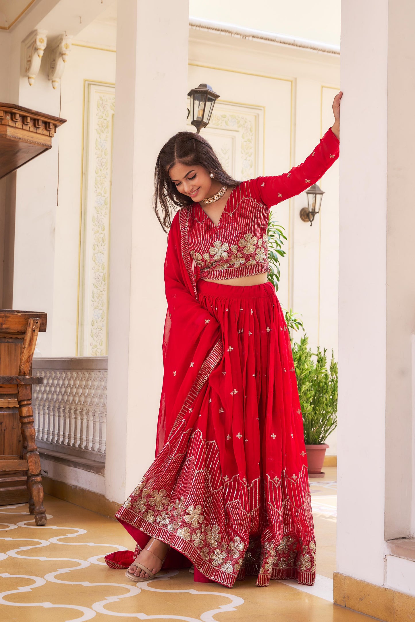 Function Wear Red Color Georgette Lehenga Choli