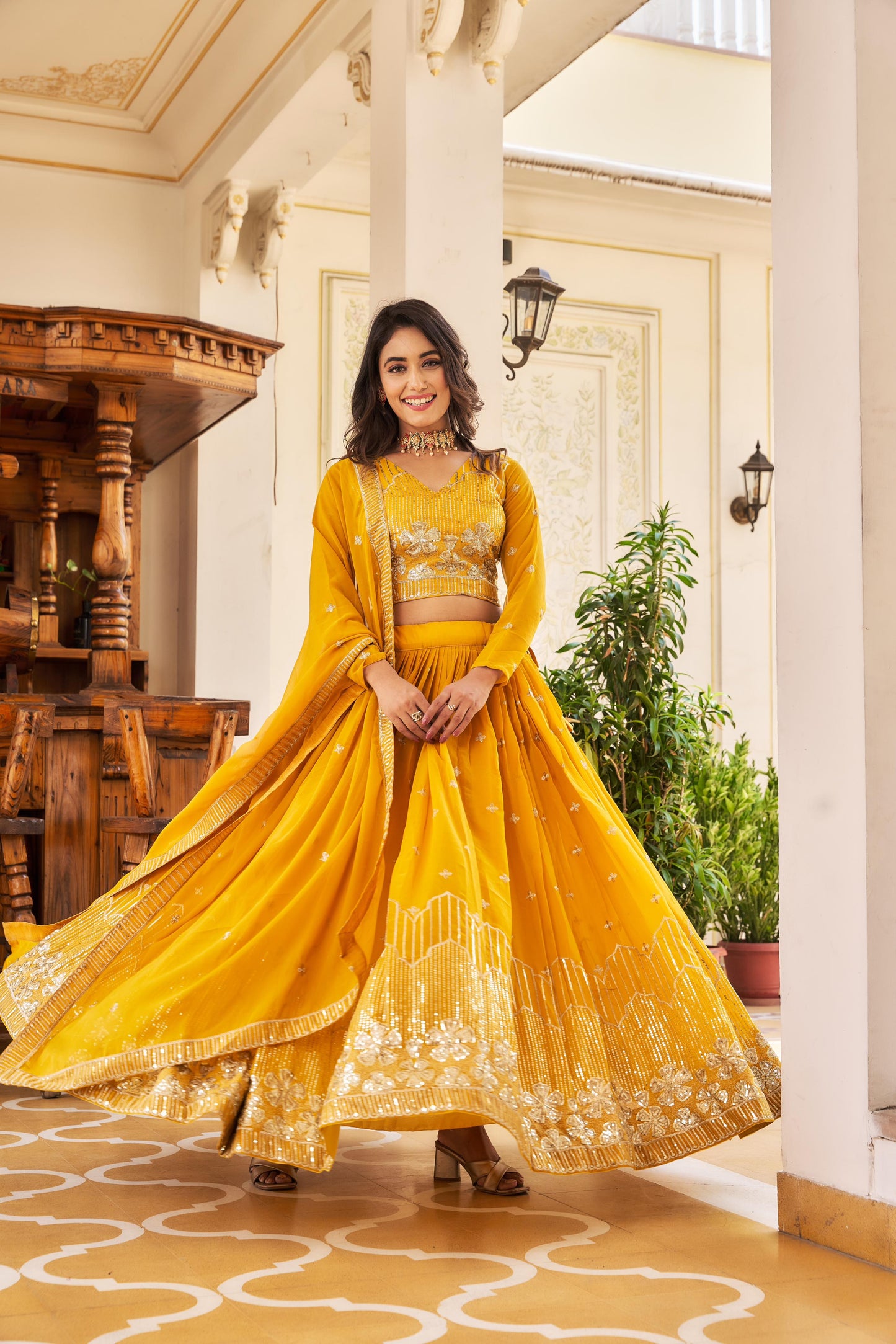 Function Wear Yellow Color Georgette Lehenga Choli