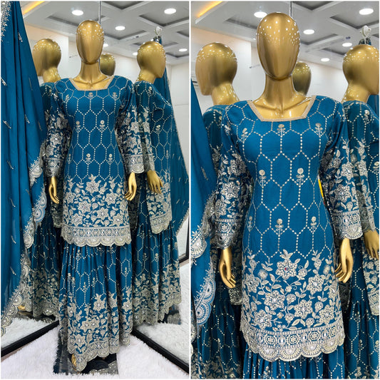 Gorgeous Embroidery Sequence Work Teal Blue Color Sharara Suit