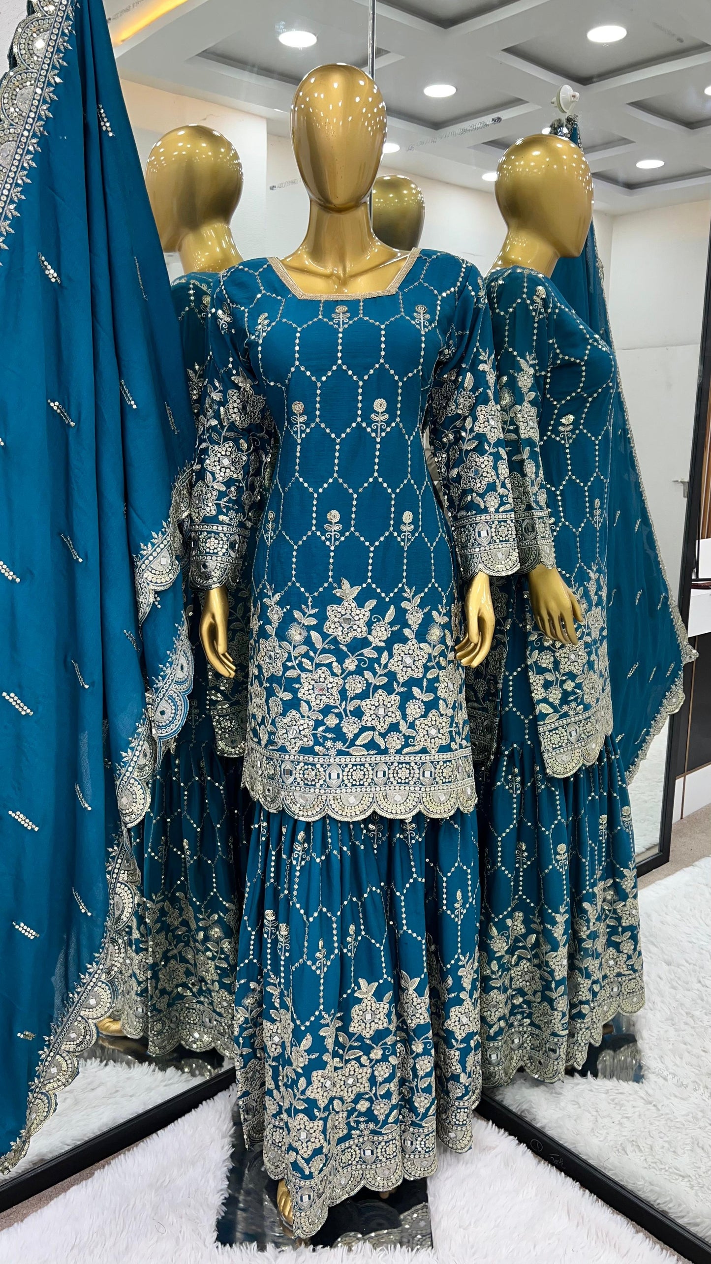 Gorgeous Embroidery Sequence Work Teal Blue Color Sharara Suit