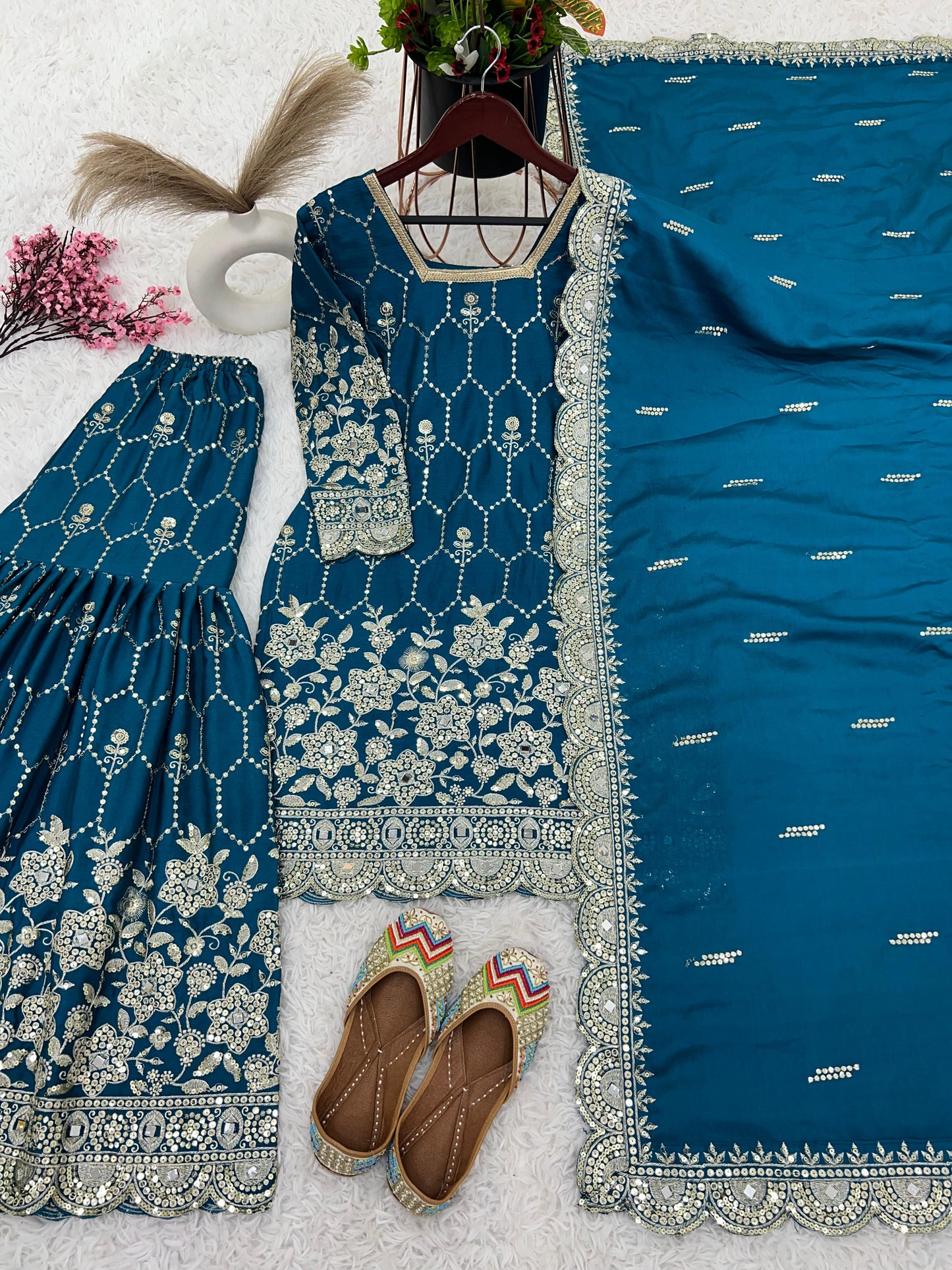 Gorgeous Embroidery Sequence Work Teal Blue Color Sharara Suit