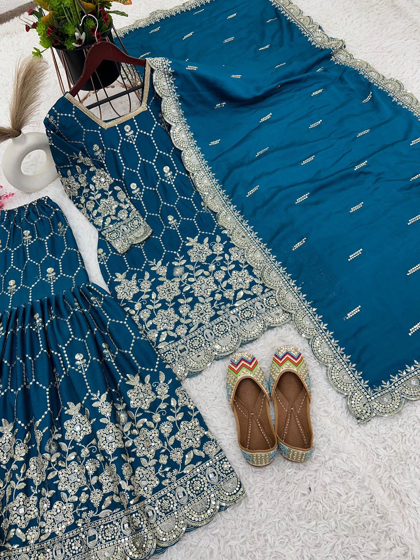 Gorgeous Embroidery Sequence Work Teal Blue Color Sharara Suit