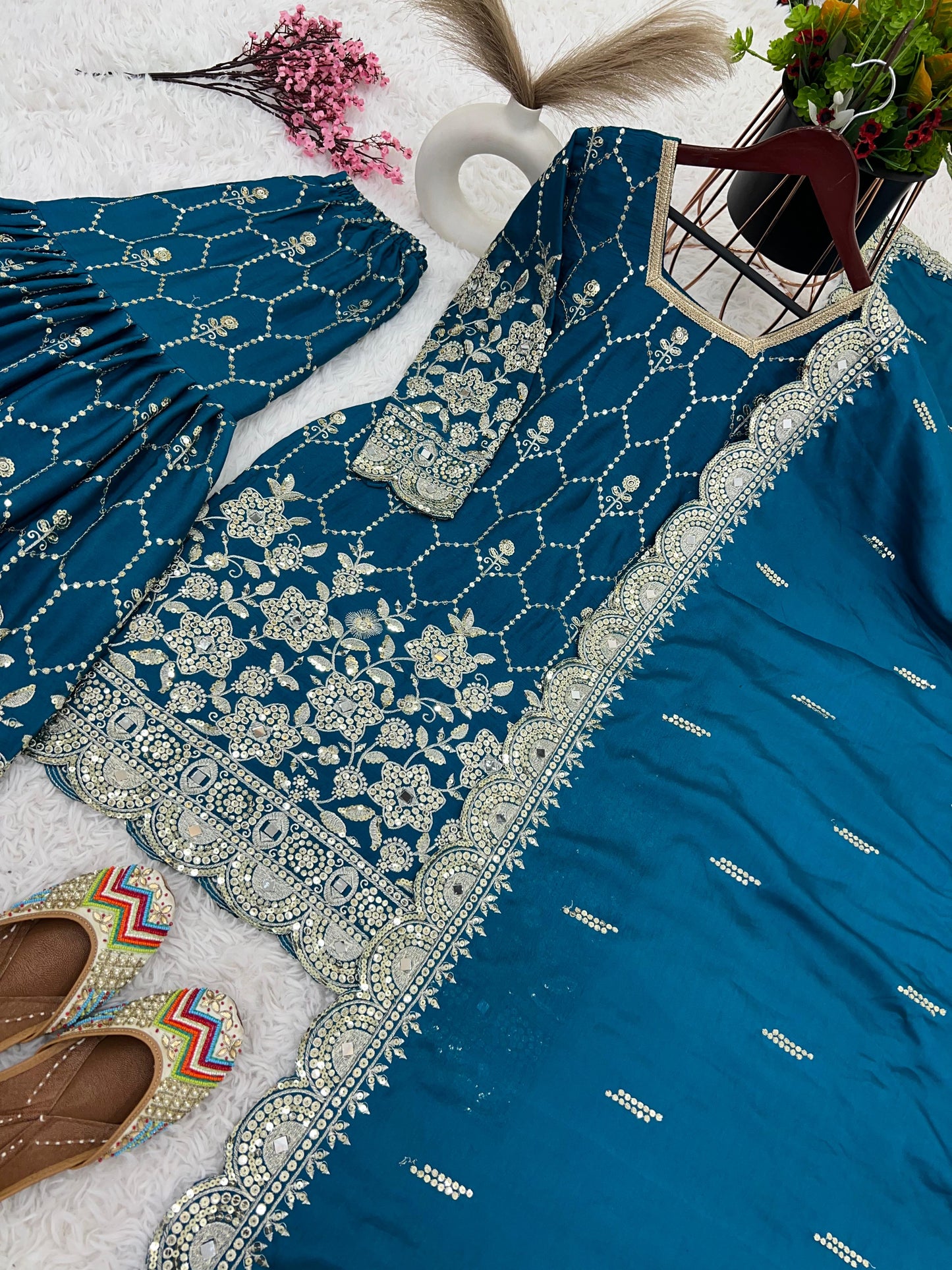 Gorgeous Embroidery Sequence Work Teal Blue Color Sharara Suit