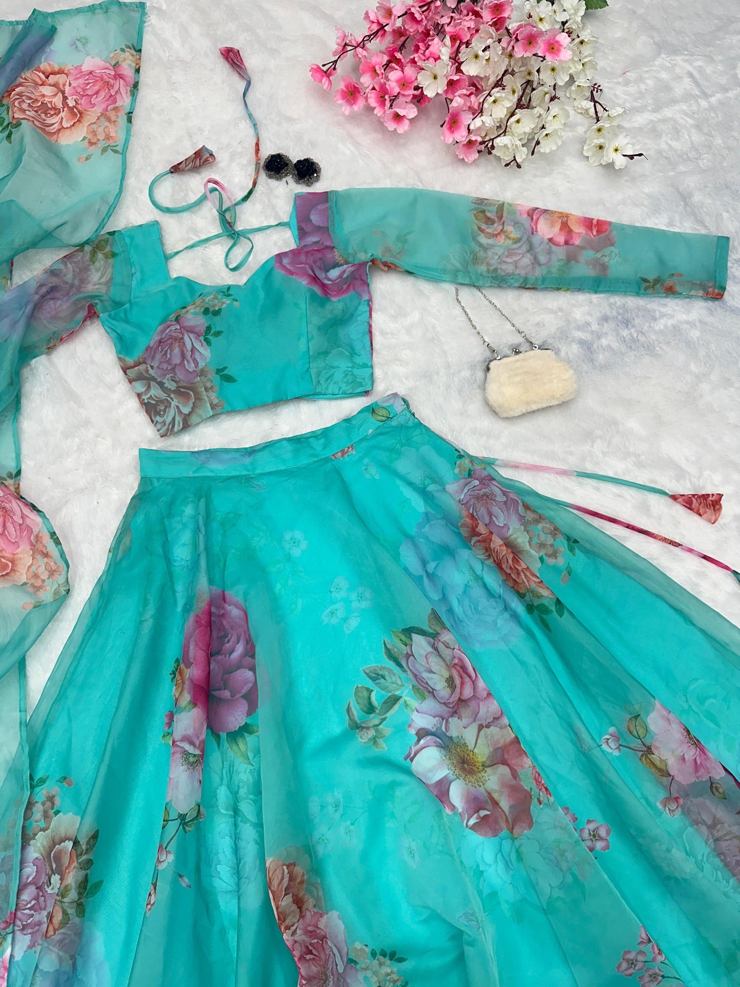 Beautiful Flower Print Sky Blue Organza Silk Lehenga Choli