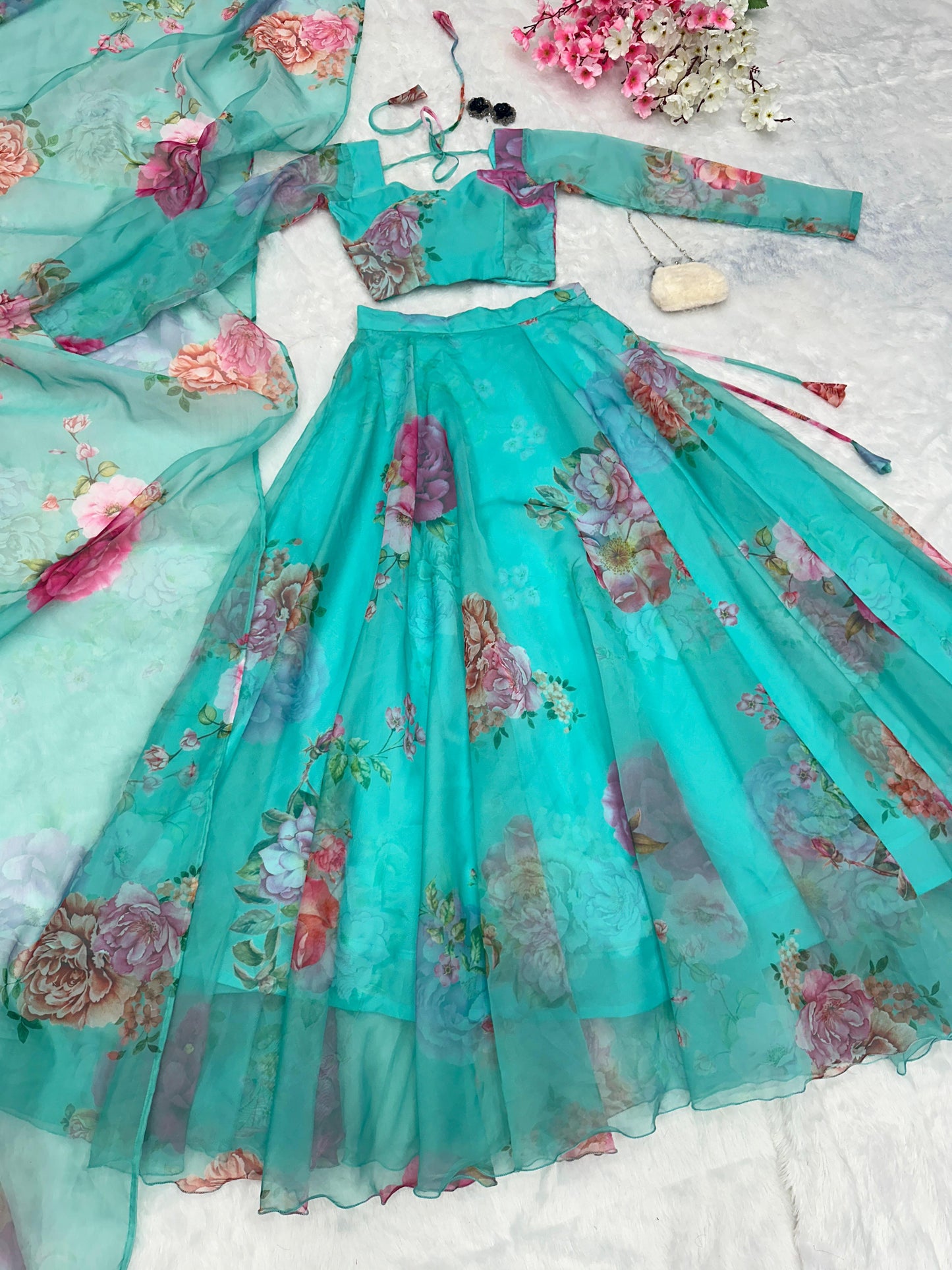 Beautiful Flower Print Sky Blue Organza Silk Lehenga Choli