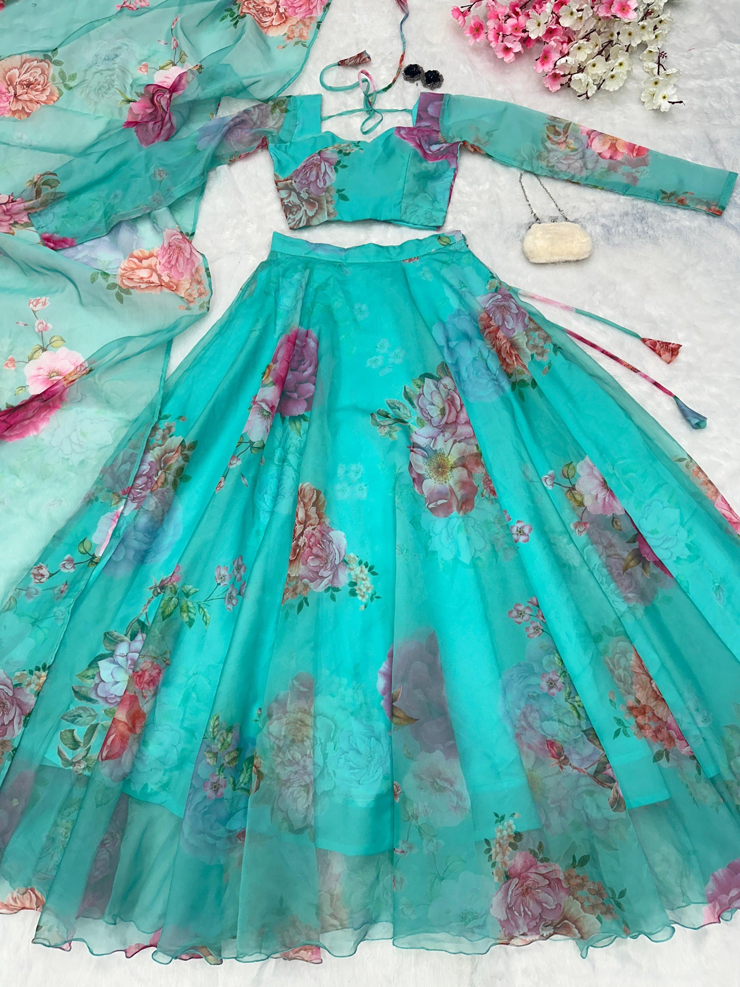 Beautiful Flower Print Sky Blue Organza Silk Lehenga Choli