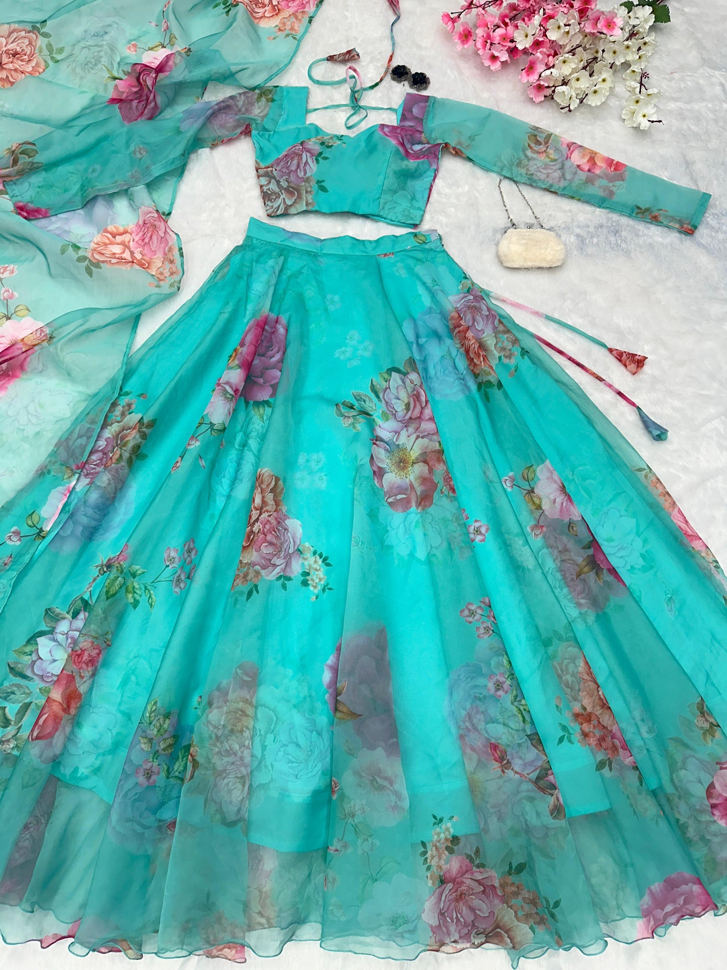 Beautiful Flower Print Sky Blue Organza Silk Lehenga Choli