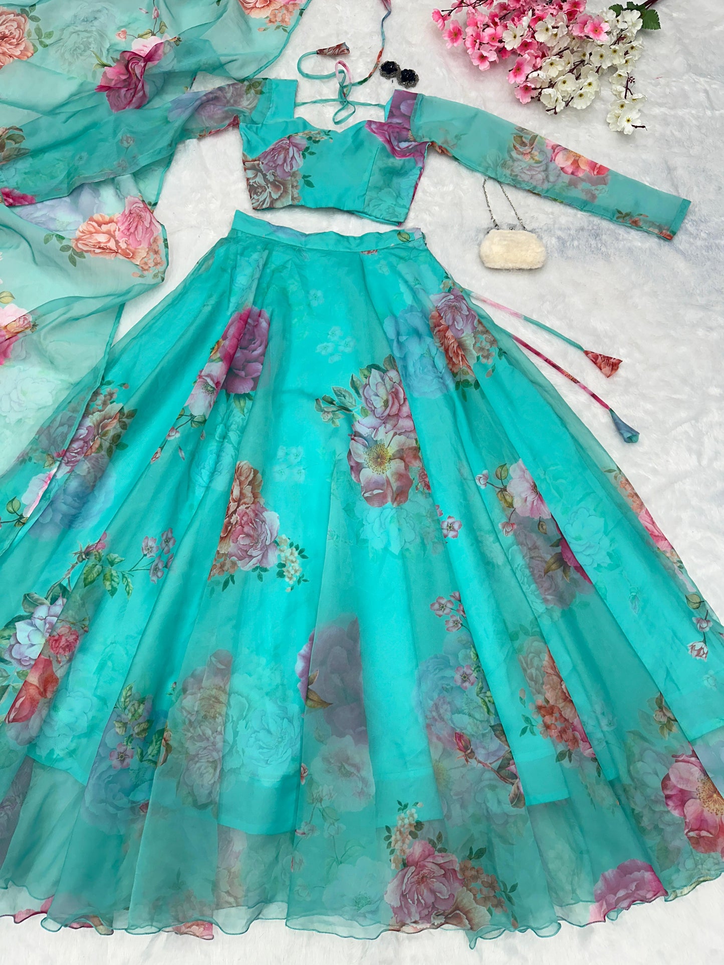 Beautiful Flower Print Sky Blue Organza Silk Lehenga Choli