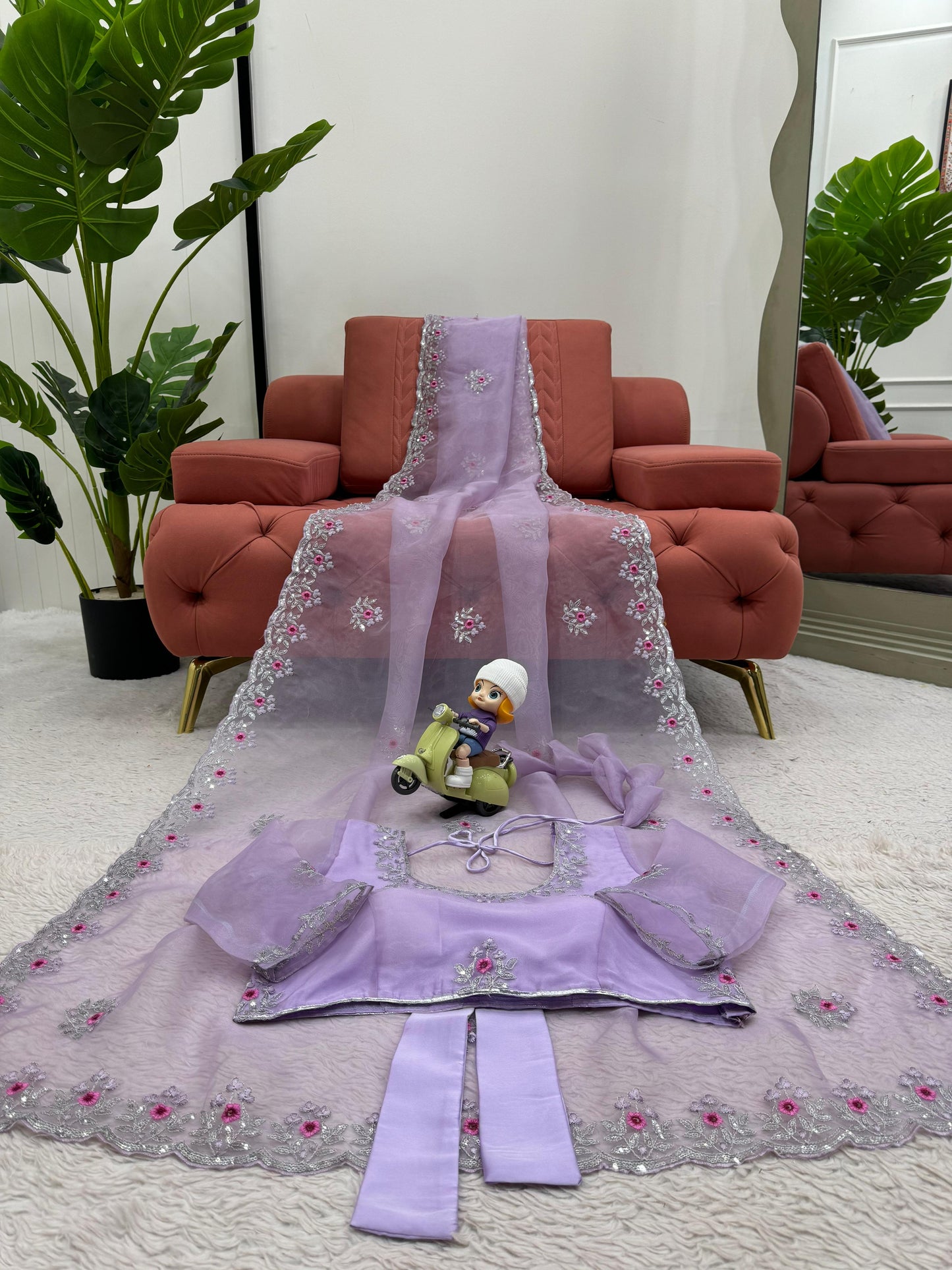 Lavender Color Thread Work Organza Silk Saree